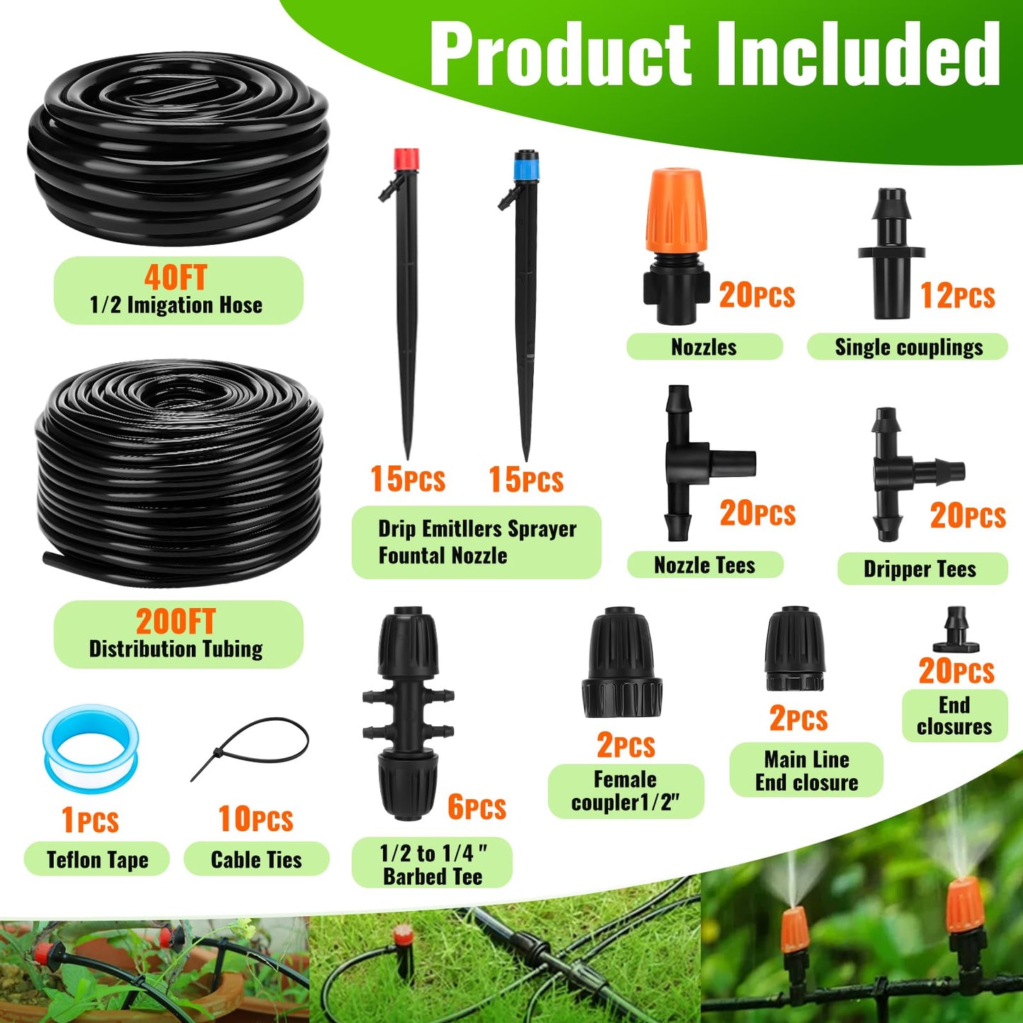 240FT Drip Irrigation System, Automatic Drip Irrigation Kits Quick-Connect for Greenhouse, Yard, Lawn, Plant, Garden Watering Misting System with 1/2 inch Hose 1/4 inch Distribution Tubing