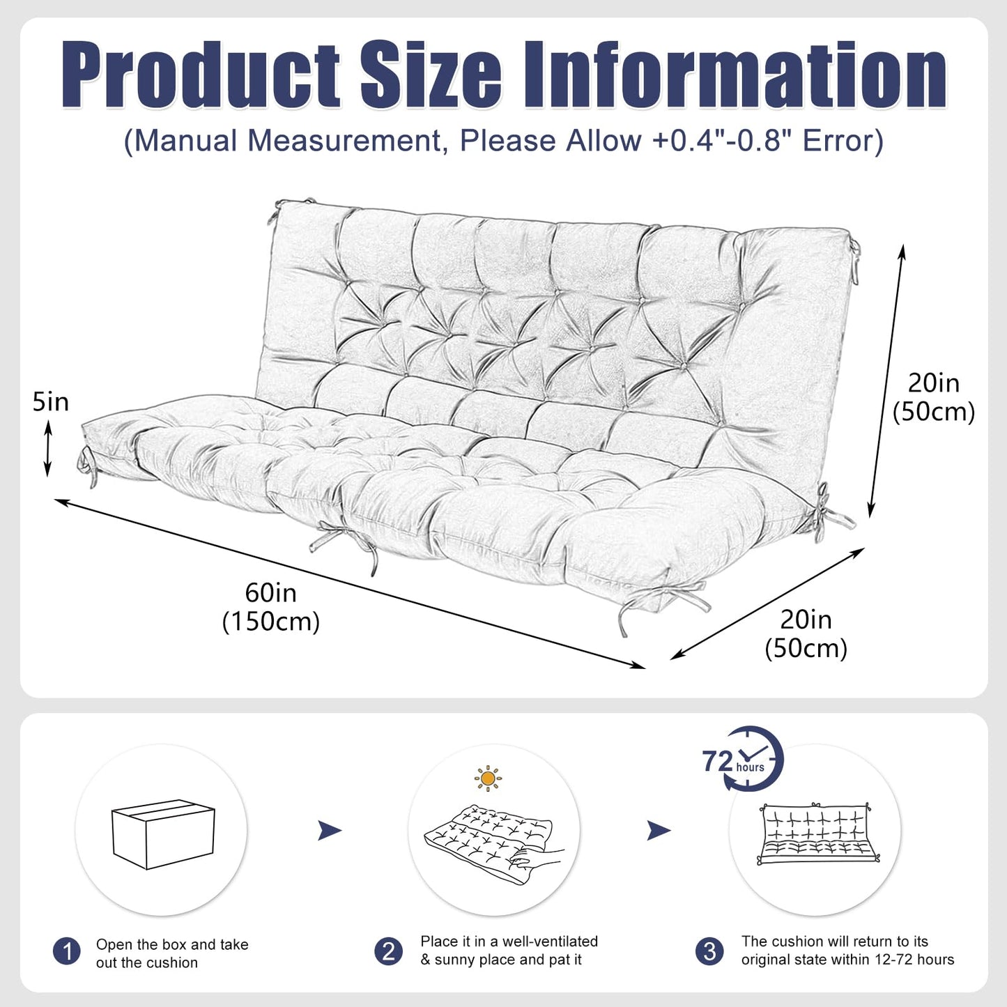 Mokoey Porch Swing Cushions 60 inch Bench Cushion Waterproof Outdoor Swing Cushions 3 Seater Thick 5in Replacement Swing Cushions for Outdoor Furniture Patio (Navy Blue-60x40inch)
