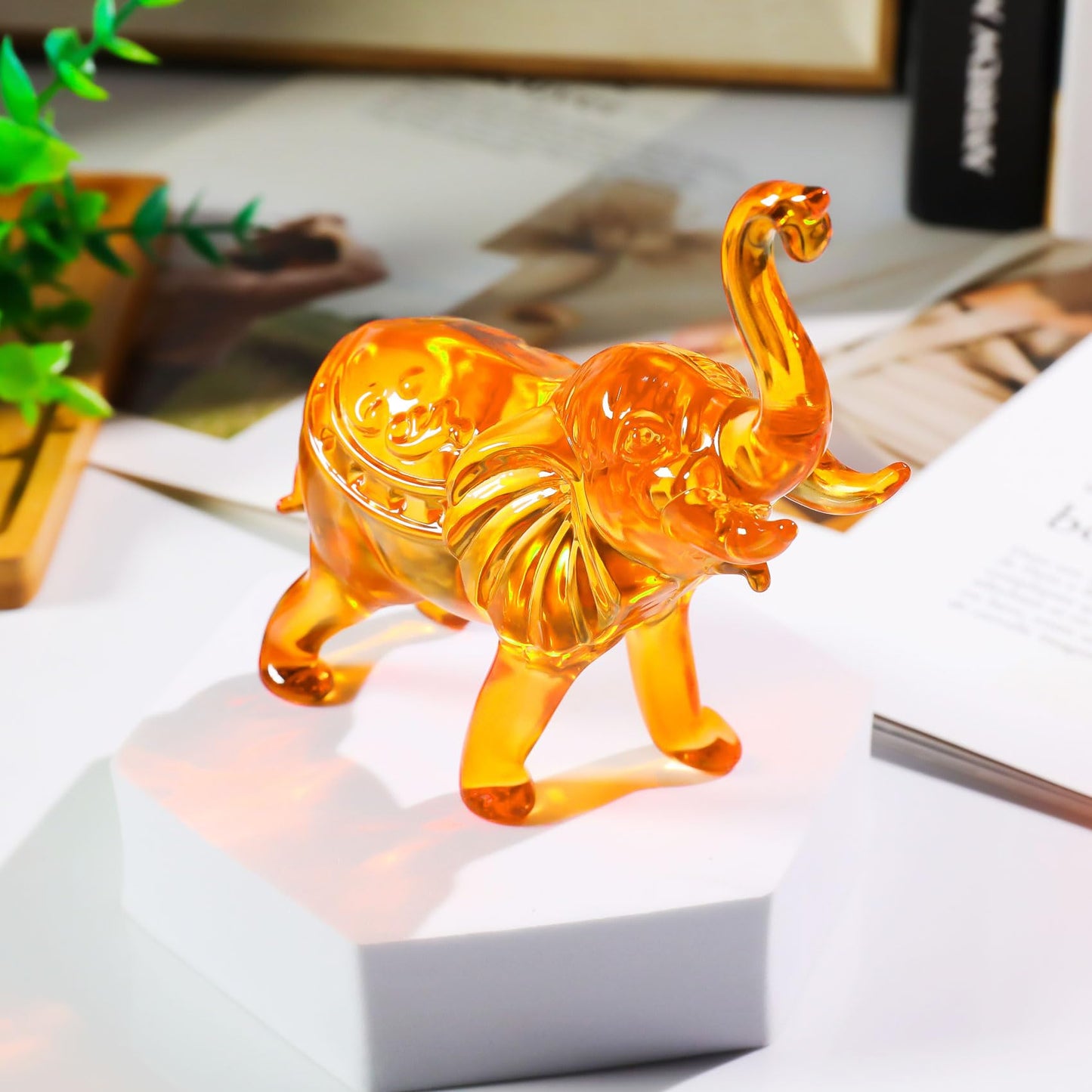 YWHL Amber Crystal Elephant Figurine Gifts for Women, Handmade Glass Statue Decor Gift for Elephant Lovers, Art Crystal Animals Figurines Collectible for Home Decoration