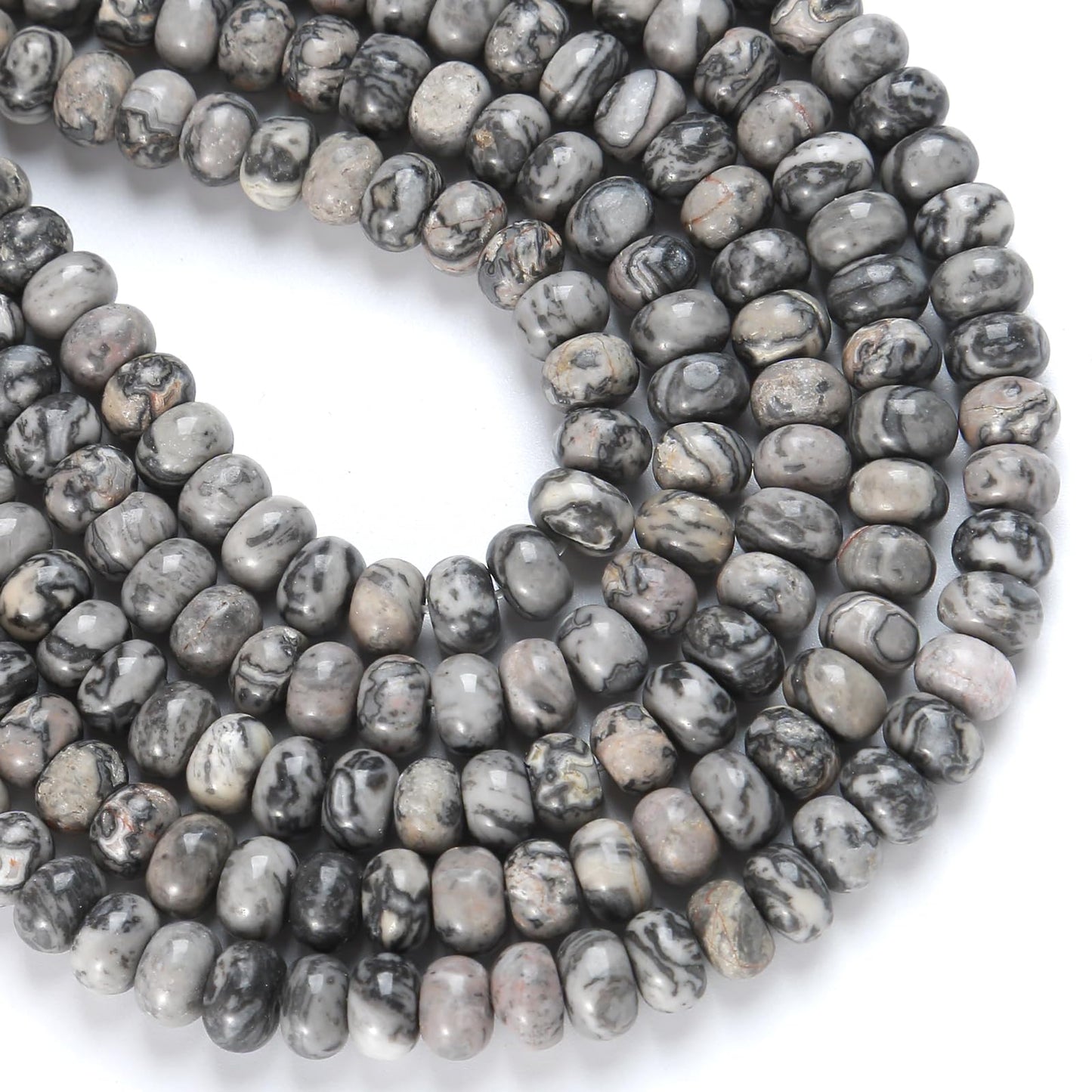 76pcs 5x8mm Natural Stone Gray Map Jasper Rondelle Spacer Loose Beads Abacus Disk Stone Round Loose Gemstone Beads for Jewelry Making DIY Bracelet Necklace