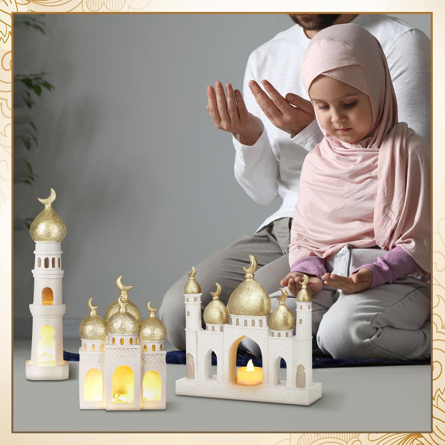 Bucherry 3 Pcs Eid Mubarak Decorations Gold and White Decorative Mosque Tower Ornaments for Home Display Islamic Gift Eid Mubarak Ramadan Table Decor for Muslim Party