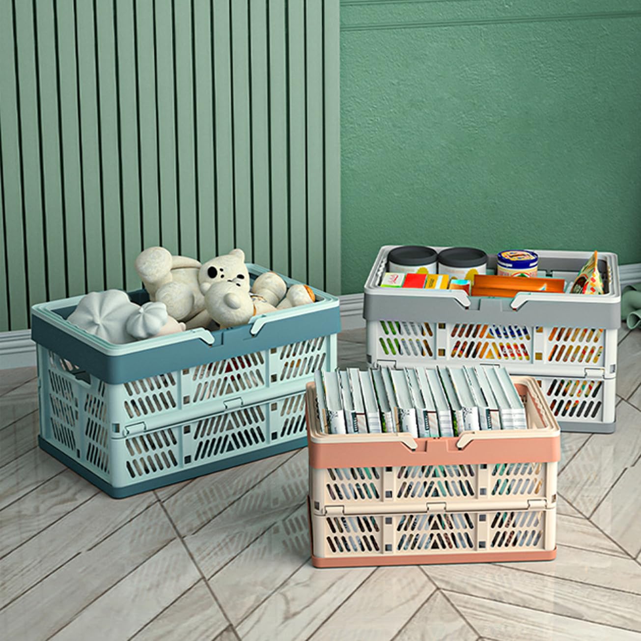 VIGAER 20L Plastic Collapsible Storage Crate - Foldable Handle Crate Storage Basket Bin - White & Gray M