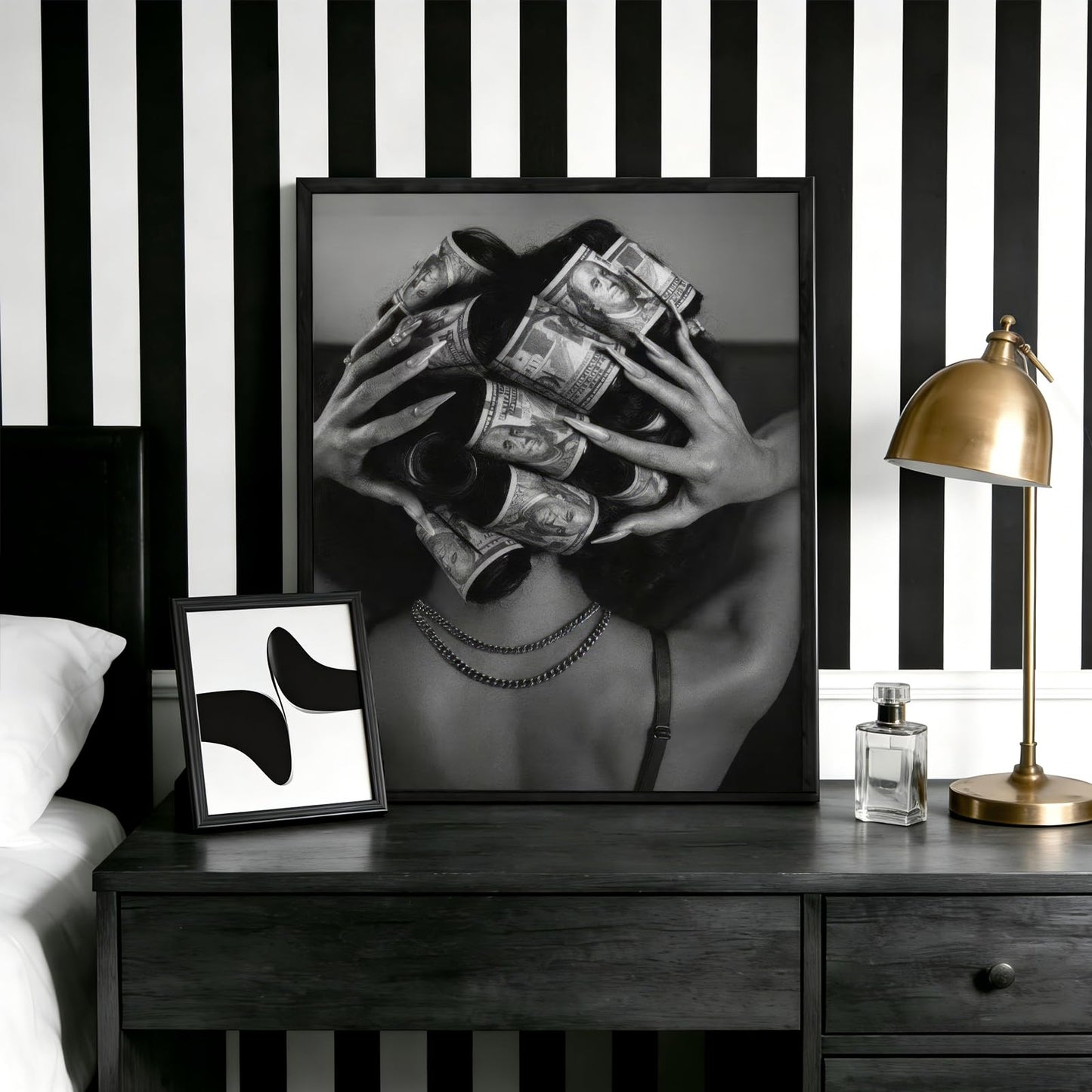Framed Black and White Fashion Canvas Wall Art Luxury Feminist Picture Wall Decor Trendy Woman with Money on Head Poster Print for Girls Bedroom Apartment Dorm Bar Cart Home Decoration 12x16in