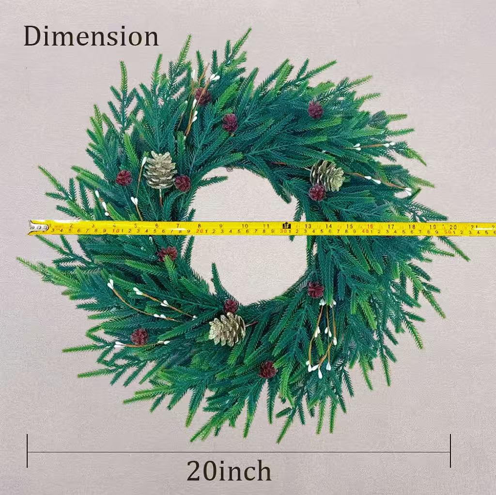 20 Inch Christmas Wreath for Front Door, Artificial Realistic Green Pine with Gold Pinecone, Door Wall Window Fireplace Party Decor