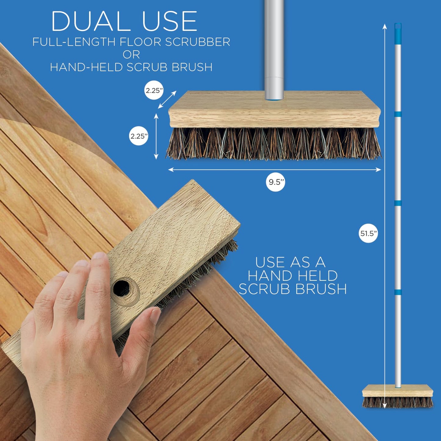 LOLA Deck Scrub Brush, 9" x 3.5" Head w/Palmyra & PVC Bristles for Outdoor Cleaning, Removes Dirt & Grime from Patios, Decks, Grout, 1 CT