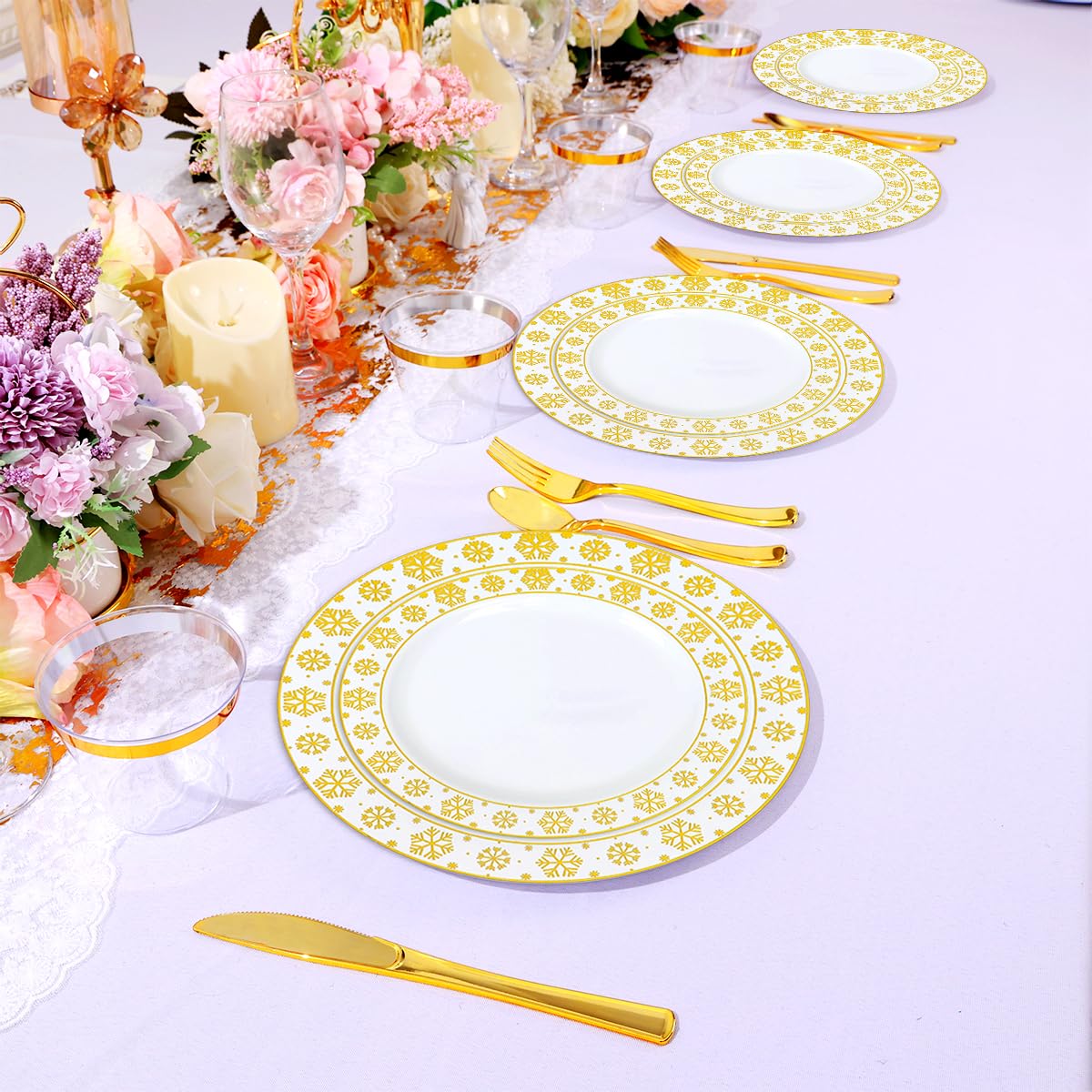 175 Pcs Christmas Plastic Plates Dinnerware Set Disposable Winter Snowflake Plates Include Plate,Gold Cups,Pre Pre Rolled Napkins with Gold Plastic Silverware for Holiday Winter Party (25 Guests)
