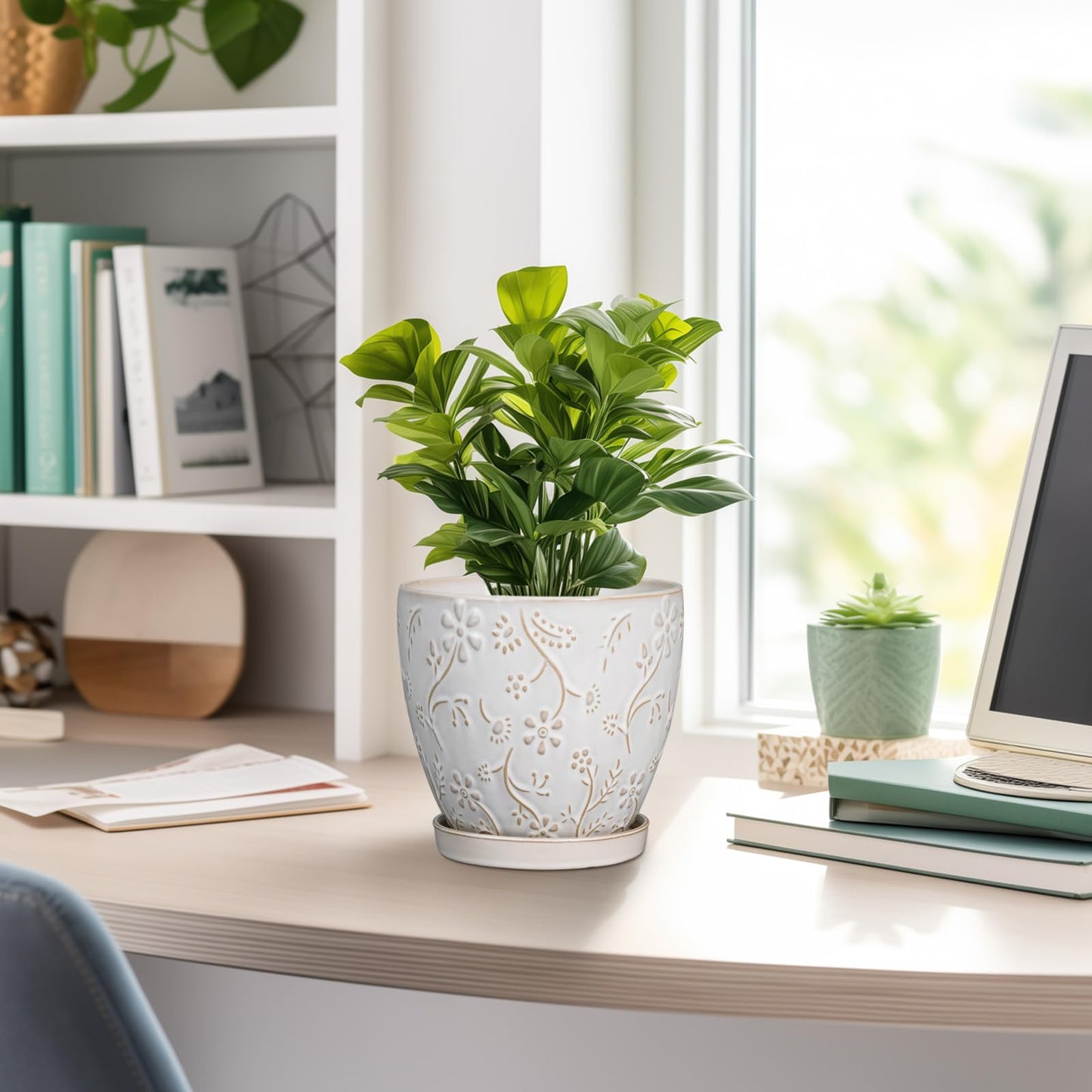 MPotTo 6 Inch Ceramic Plant Pot for Indoor Plants Outdoor Round Planter Flower Pot with Drainage Hole and Saucer for Home Garden Office Decor White