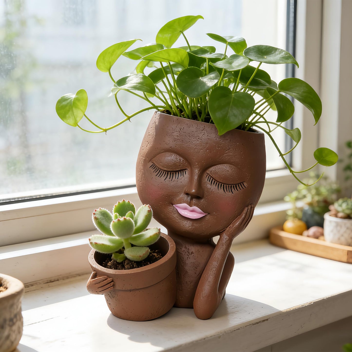 ASDFG Face Double Plant Pot - Cute Succulent Head Planters Indoor Outdoor Decor, Resin Flower Pots with Drainage Hole, Unique Ideal Present, Gifts for Women/Mother