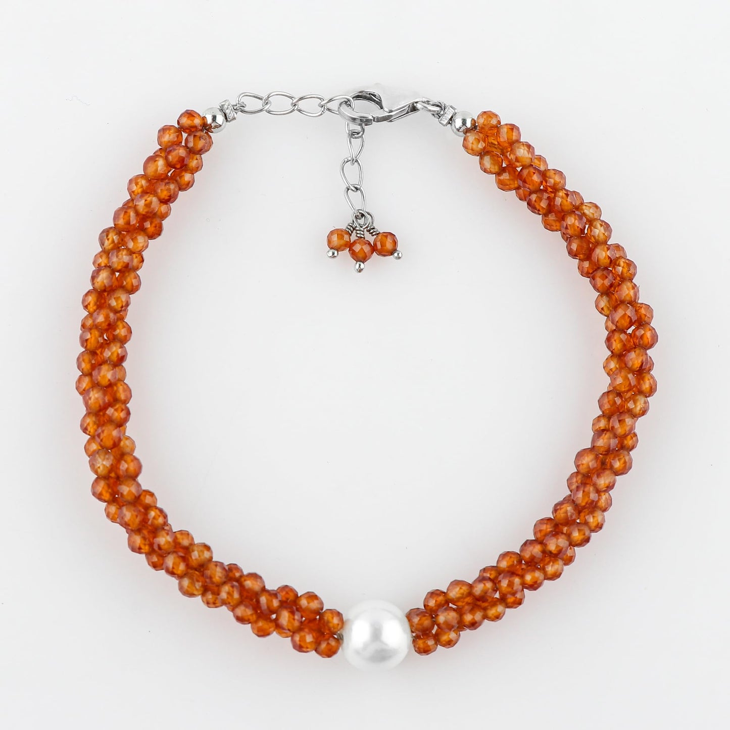 CRYSTALIS Natural Hessonite Garnet Beads Twisted Rope Bracelet with Elegant Pearl, High Grade Gemstones, Chakra Healing Stones, Gift Giving Womens Jewelry, 925 Sterling Silver Bracelet 8 inch