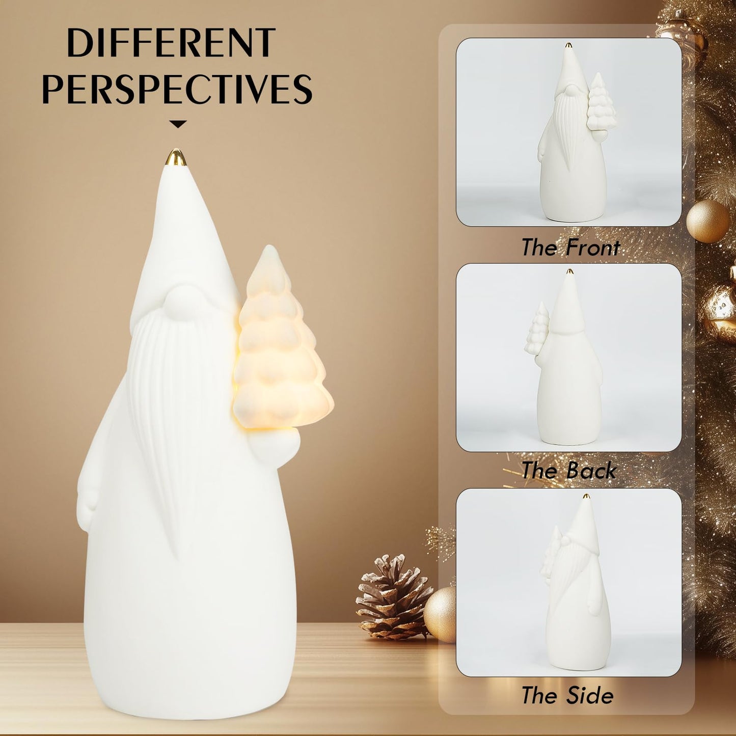 Luxstyra White Ceramic Gnome Figurine with Christmas Tree Lighted, 7.5" Christmas Gnome Decoration, Light Up Xmas Tree with Timer, Gnomes Gifts for Women, Sandinavian Xmas Decor for Tabletop Mantel