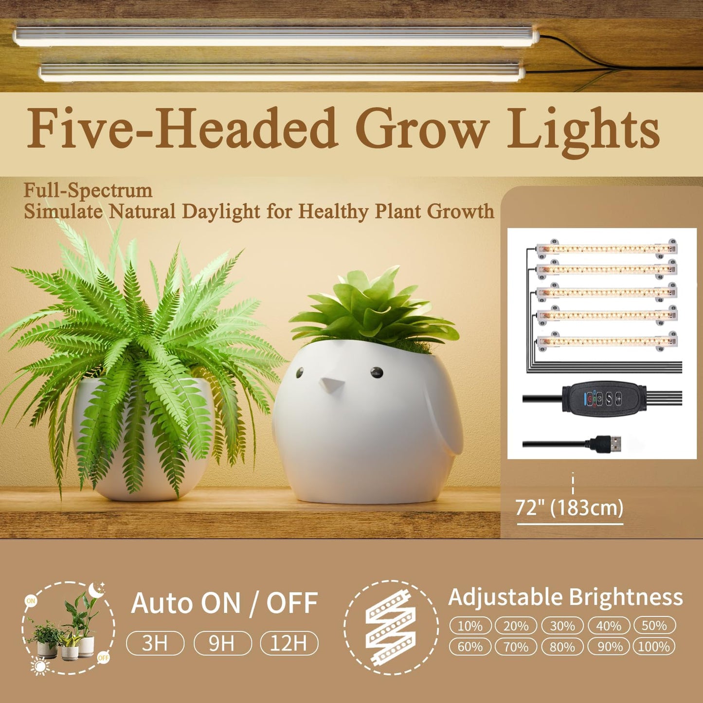 9-Tier Indoor Plant Stand , 63.6" Tall Plant Stand with 5 Grow Lights for Lush Greenery, Adjustable Lighting Modes, 10-Level Dimming & 3 Timer Settings, Energy-Efficient, Perfect for Plant Growth (9-Tiered 63.6" Tall)