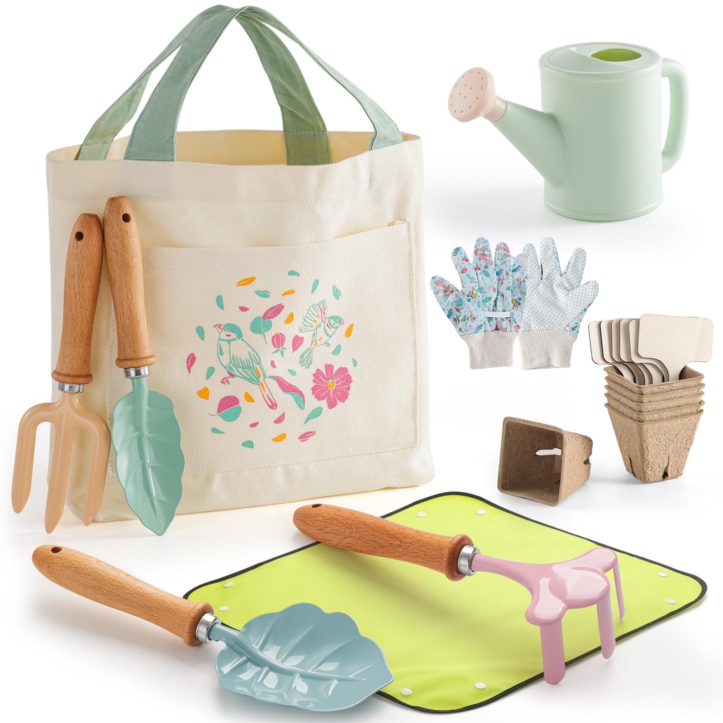 Kids Gardening Set Toys, Garden Tool for Kid with Tote Bag, Repotting Mat, Trowel, Shovel, Fork, Rake, Watering Can and Gloves, Montessori Toy for Kids, Outdoor Toys Gift for Toddlers Boys Girls