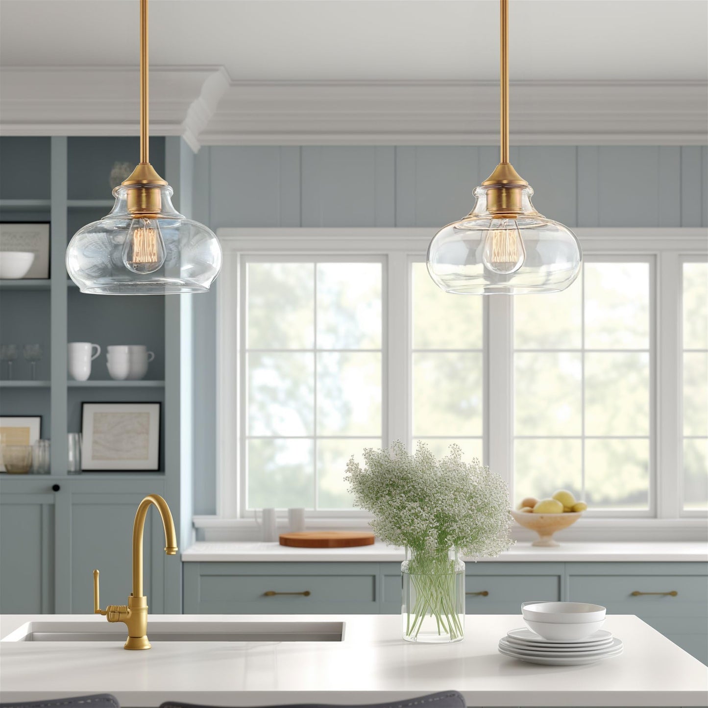 Kira Home Harlow 9" Modern Schoolhouse Pendant Light with Clear Glass Shade, Industrial Farmhouse Hanging Light with Schoolhouse Glass, Warm Brass Finish