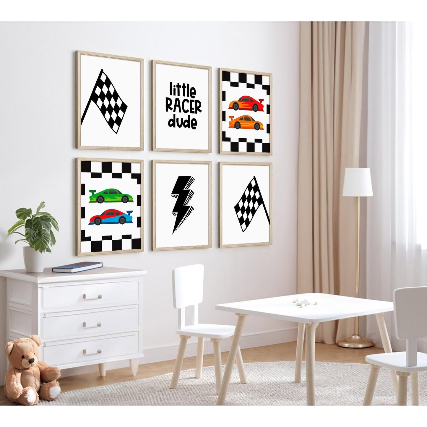 Race Car Wall Art Pictures Boys Room Wall Decor Nursery Toddler Canvas Wall Art Kids Playroom Art Prints Boys Race Car Poster Nursery Artwork Set of 6 for Bedroom 8x10 Inch Wood Framed