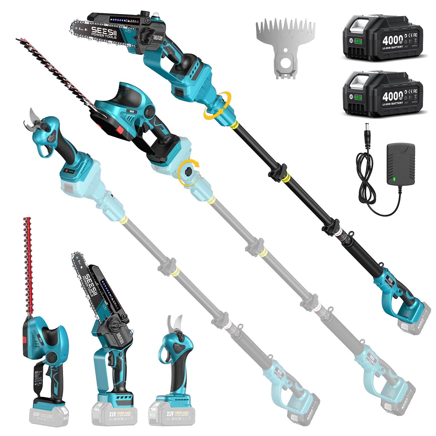 SEESII Cordless Pole Chainsaw, Hedge Trimmer, Pruning Shears, 4000mAh Battery Powered Extendable Garden Tool Kit for Outdoor Use, Electric Long Reach Saw, Hedge and Grass Trimmer, Pruner for Yard Care