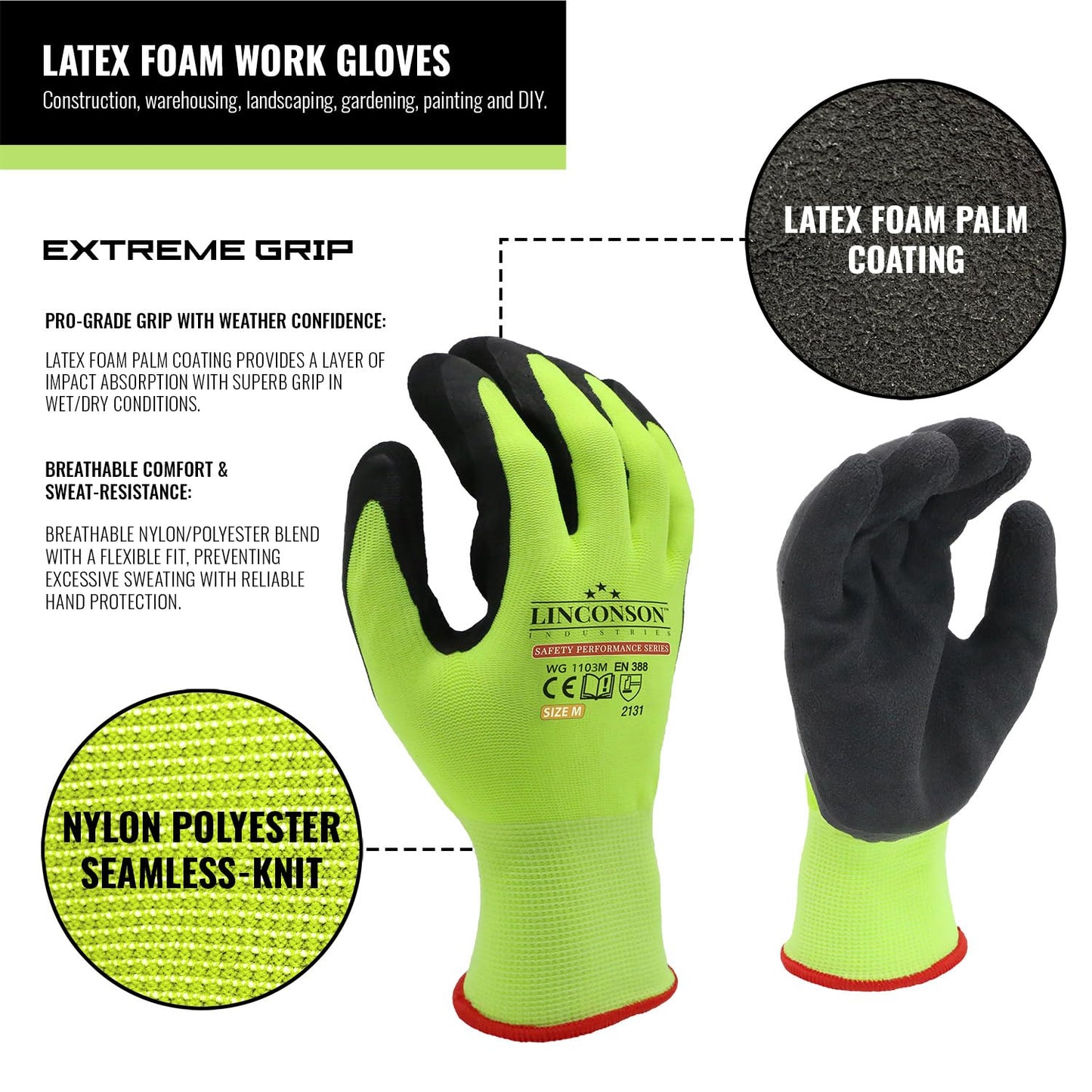 linconson 12 Pack Safety Performance Series Construction Mechanics Work Gloves (XL (Pack of 12), Green)