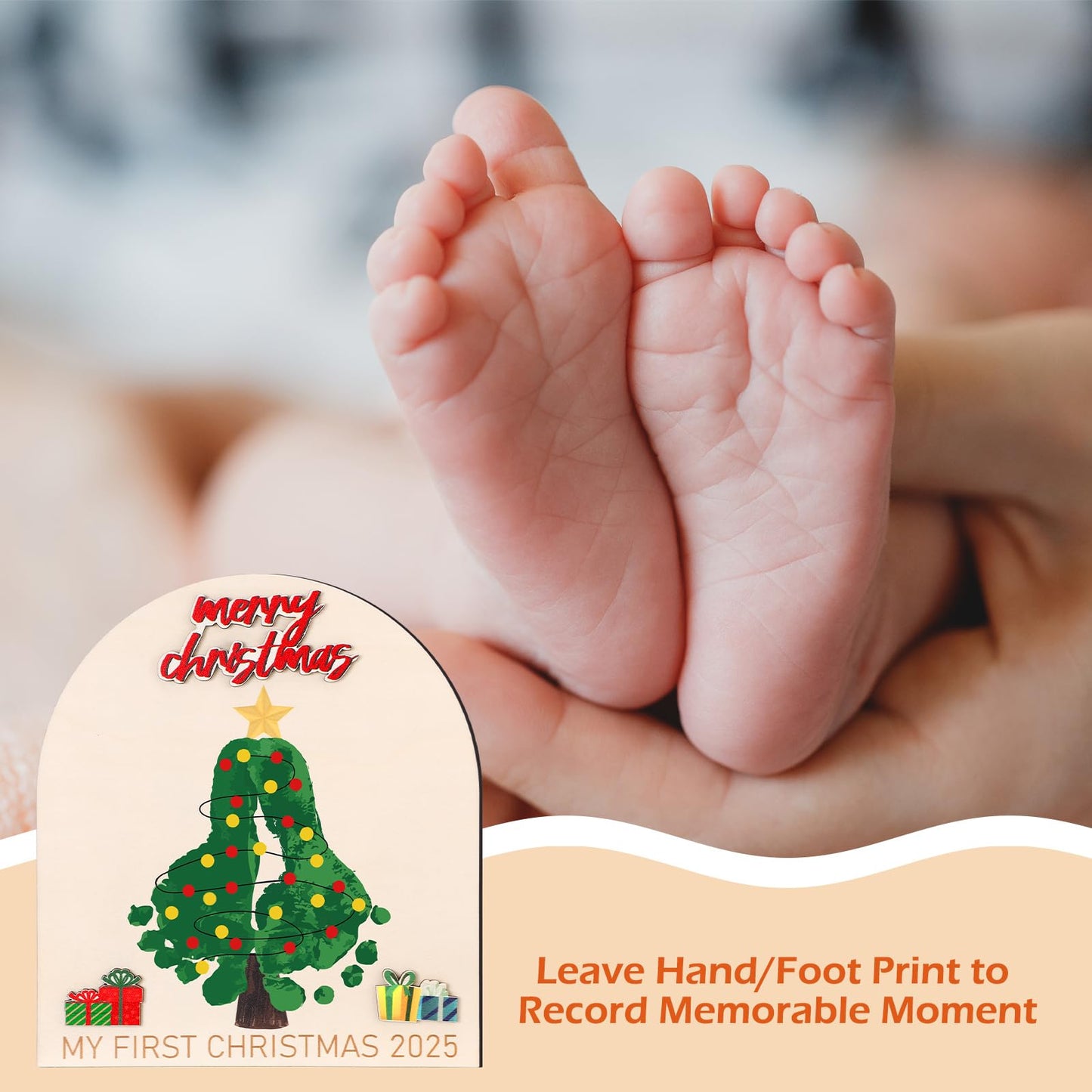 Thyle Baby First Christmas Footprint Ornament Wooden Mistletoe Craft Winter Baby Announcement Rustic Hanging Ornament Nursery Footprint Decorative for Newborn Photoshoot Prop