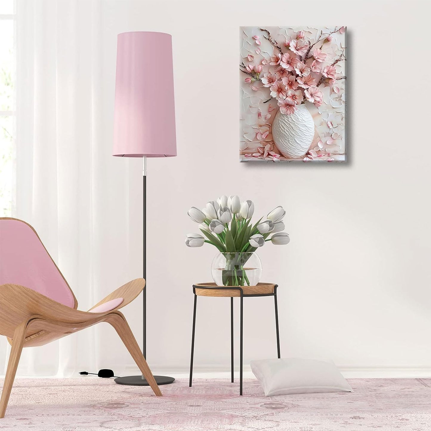 Pink Floral Canvas Wall Art sakura Flowers Botanical painting Decor Pictures Cherry blossoms Posters Prints for Living Room Classroom Bedroom office corridor bathroom Decoration