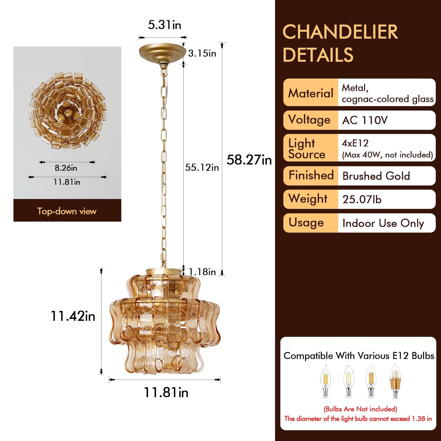 Arziheg 11.8in Kitchen Island Pendant Lights Gold, 4-Light Glass Dining Room Light, Height Adjustable 3 Layer Luxury Modern Pendant Light Fixture for Foyer Bedroom Entryway Hallway(Amber Glass)