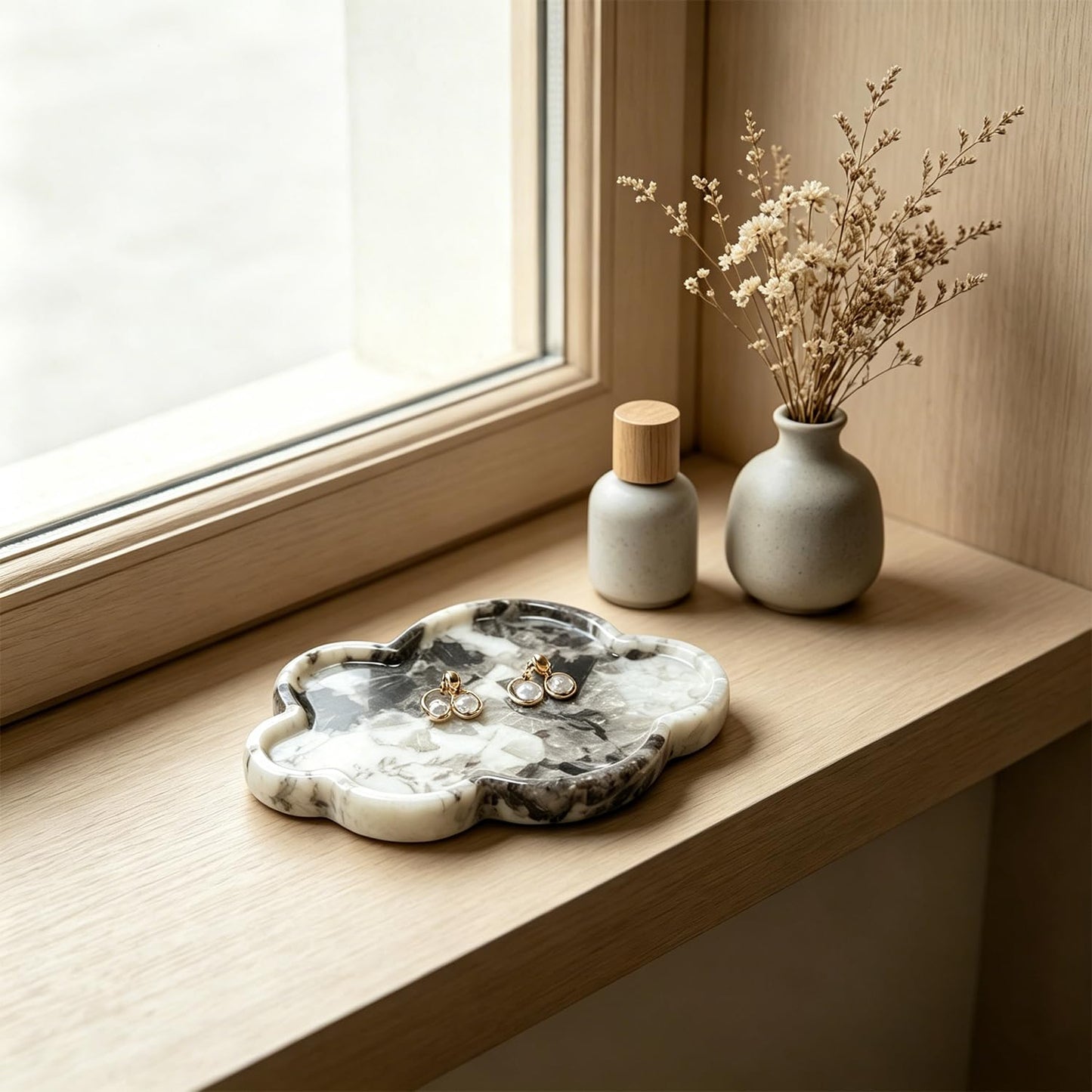 Terramason Natural Marble Tray Cloud Shape Vanity Trays, Jewelry Trays Holder Dish for Bathroom Countertop Home Decor Gift Black Needle