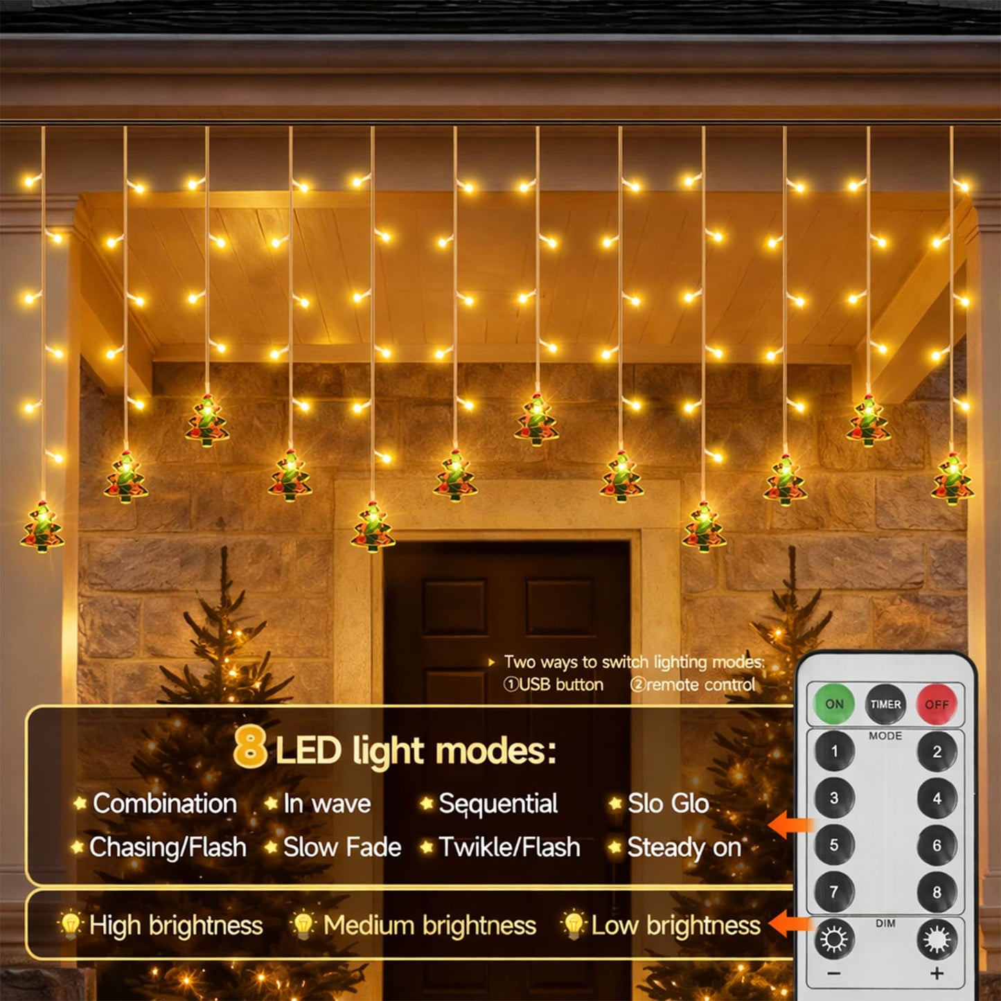 AiPertop Curtain String Light Christmas Decoration Icicle Lights 8 Modes dimmable,108 LEDs 4M Christmas and Halloween String Lights for Home,Office,Party,bar,Holiday,Party (Warm White)
