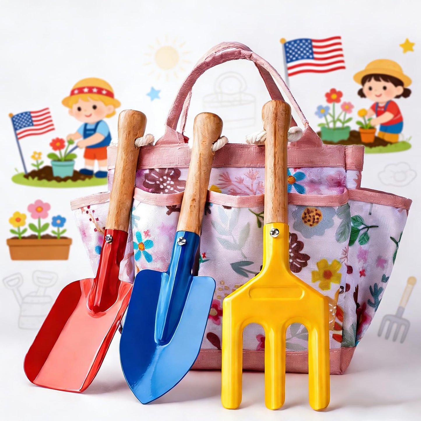 Kids Gardening Set - Gardening Tools for Kids includes Watering Can, Shovel, Rake, Gloves, Waterproof Apron and Garden Tote Bag, Children Garden Tool Outdoor Toys Gifts for Boys Girls Age 3 4 5 6 7 8