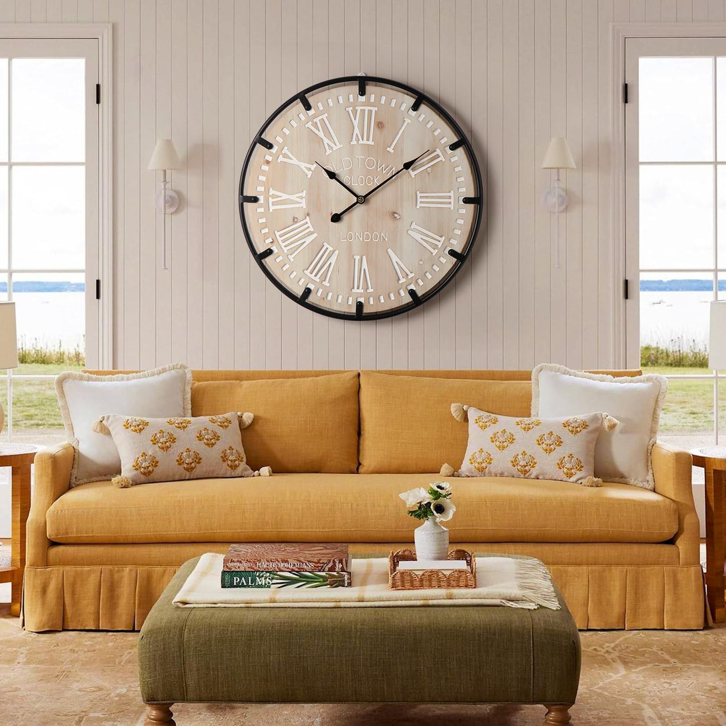 Vantic Farmhouse 30 Inch Extra Large Decorative Wall Clock with Metal Circle, Oversized Wood Wall Clock with Large Roman Numeral for Living Room, Bedrooms and Offices, Silent and Battery Operated