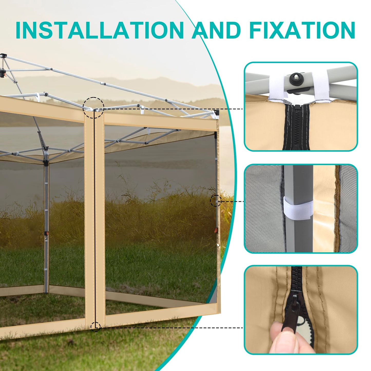 Canopy Mosquito Net for 10x10 Pop up Canopy Gazebo Tent, Replacement Netting Screen Mesh Sidewalls for Patio, Backyard, Camping, Outdoor Use (Net Only,Frame Not Included) (Sand)