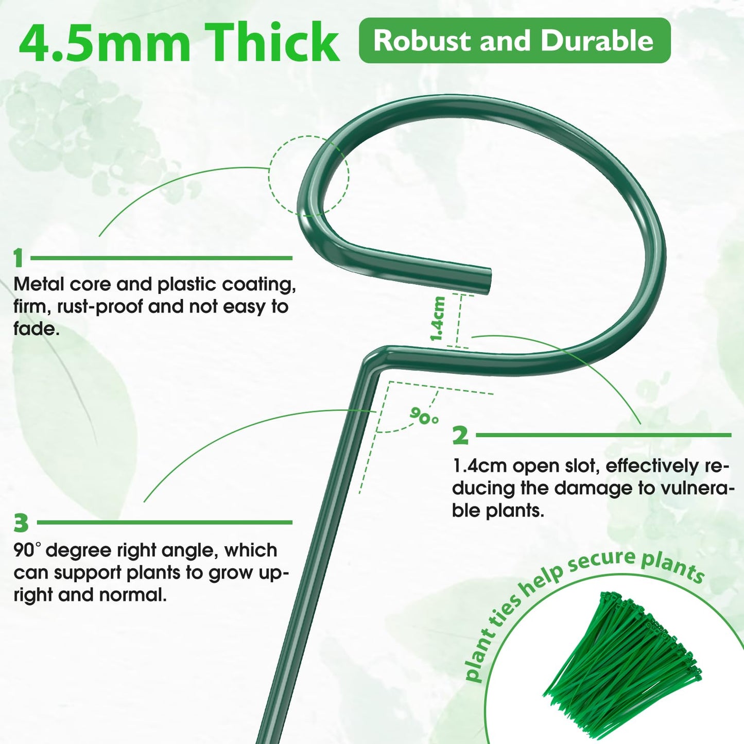 Unves 12 Pack Plant Stakes, 24 Inch Garden Plant Support Stakes, Green Single Stem Plant Cage for Outdoor & Indoor Plants Orchid, Tomatoes, Peony, Lily, Rose, Sapling with 100 Pcs Twist Ties