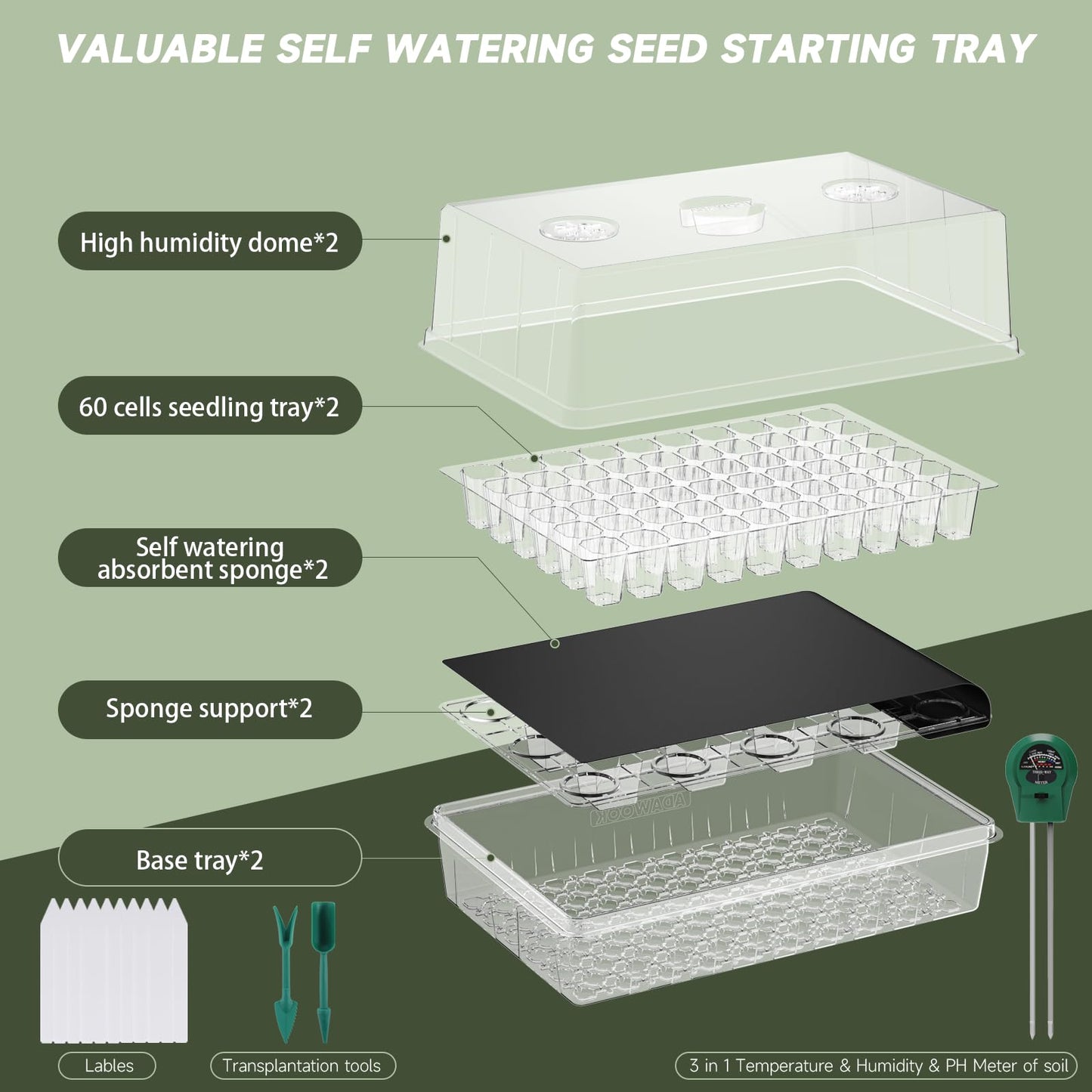Adawook Self-Watering Seed Starter Tray, Seed Starter Kit Self Water, Germination Trays for Seed Starting with High Humidity Domes (Tray, 120 Cells)