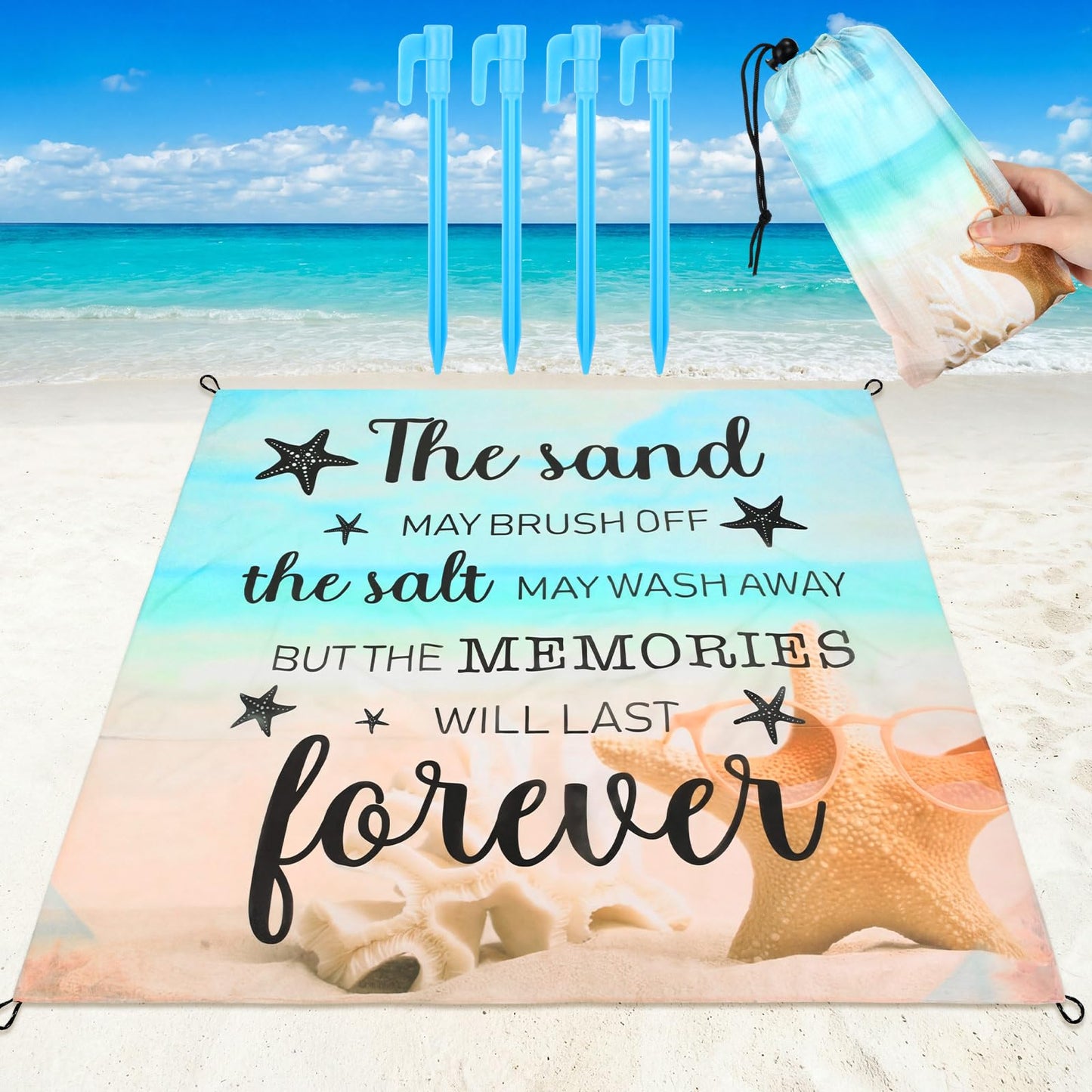 Boao Ocean Theme Beach Blanket Waterproof Sandproof Extra Large Mat 6.56 x 6.89 ft Lightweight Portable for Outdoor Trip Camping with Stakes Storage Bag 1-4 Family Friend Vacation Starfish Sea Shell