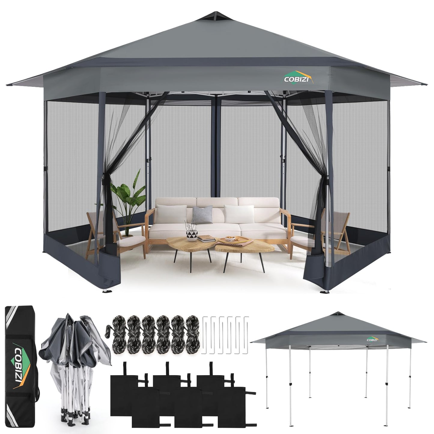 COBIZI 13x13 Pop up Gazebo, Hexagonal Outdoor Canopy Tent with Mosquito Netting, Portable 6-Sided Gazebo Tent, Waterproof, UV Resistant Height for Backyard, Gardens, Patio（Dark Gray）
