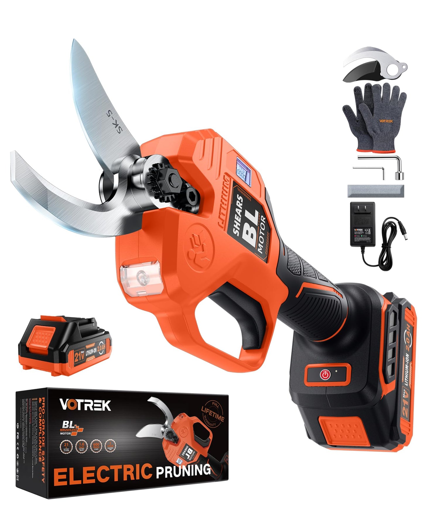 VOTREK® Cordless Electric Pruning Shears, Effort-Saving Power Pruner Cuts Branches up to 1.6", Lightweight with Safety Lock, SK5 Steel Blade, Brushless Motor, Battery Included for Tree Trimming