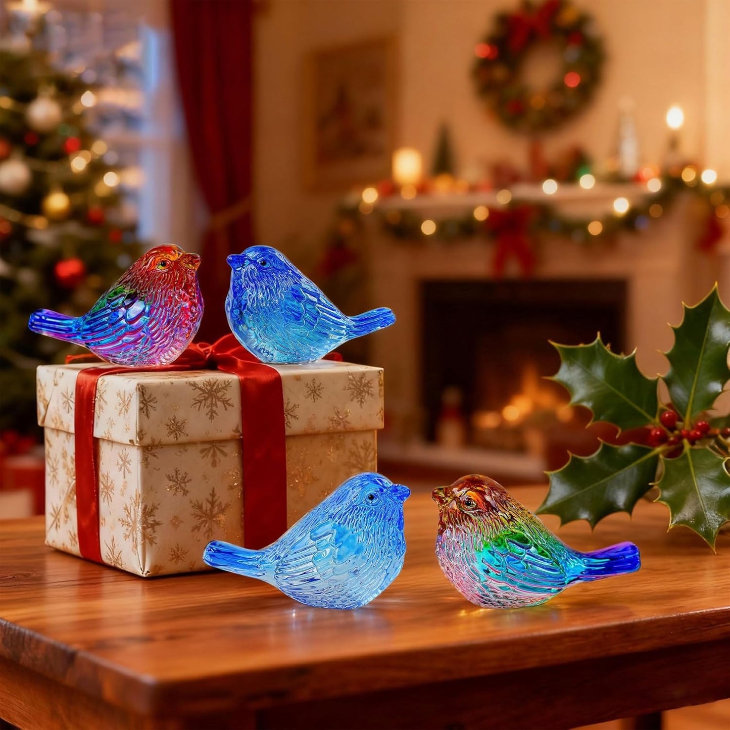 QFkris 3" Small Bird Statues Home Decor Accents Blown Glass Birds Decor for Tabletop, Office Desk, Living Room, Coffee Table, Shelf, Bookshelf (2 PCAK)
