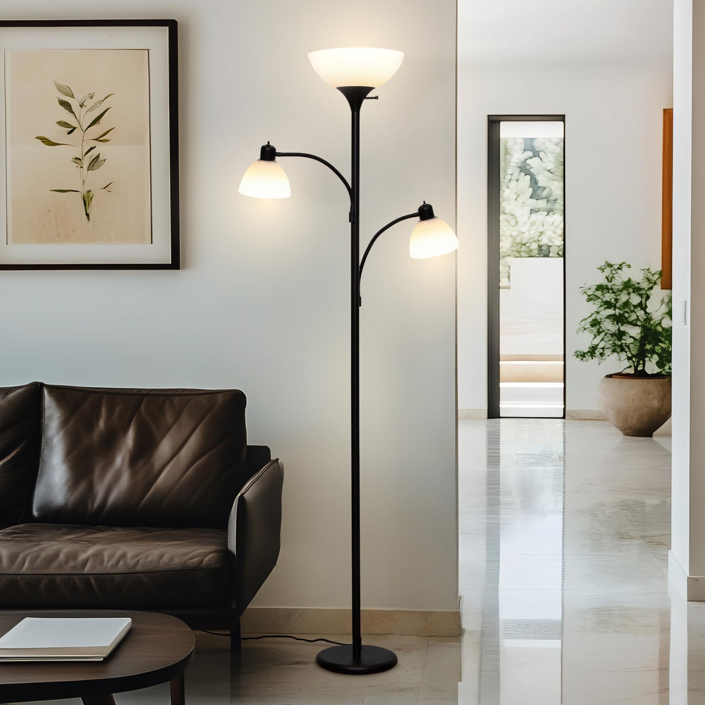 Brightech Sky Dome Double LED Floor Lamp, Torchiere Super Bright Floor Lamp with 2 Reading Lamps for Living Rooms & Offices - Dimmable Tall Standing Lamp for Bedroom Reading - Tall Black Pole