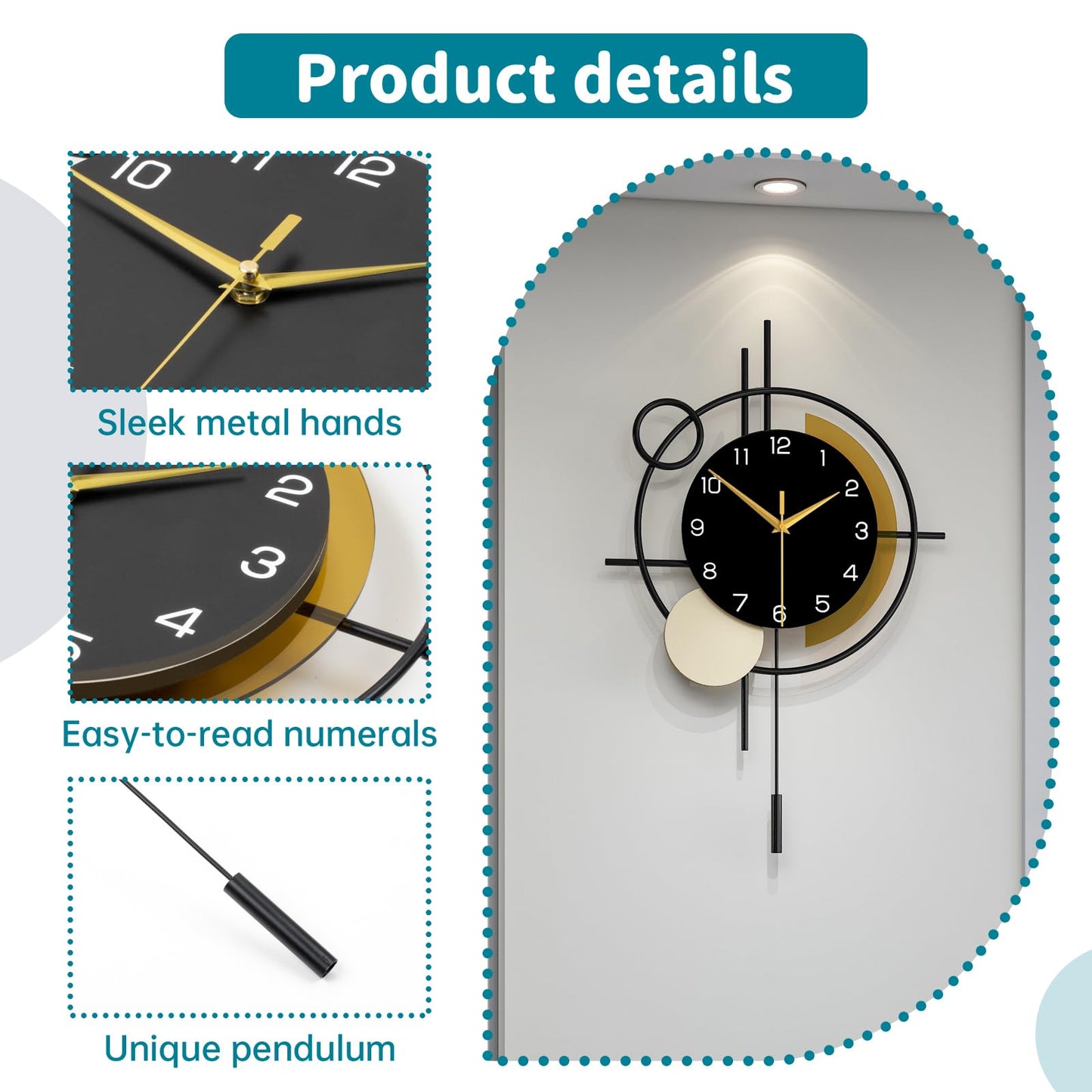 YIJIDECOR Wall Clock for Living Room Decor Decorative Wall Clock with Pendulum Silent Quartz Battery Operated Black Metal Large Clock for Dining Room,Kitchen,Home,Bathroom,Bedroom,13.8x21.3 in