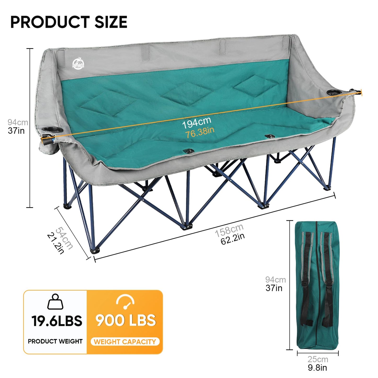 Northroad 3 Person Camping Chair Oversized 900 Lbs Outdoor Lawn Loveseat Chair Padded Folding Chairs for Adults Heavy Duty Soccer Chair w/Cup & Wine Glass Holder for Outside Picnic, Beach, Sports