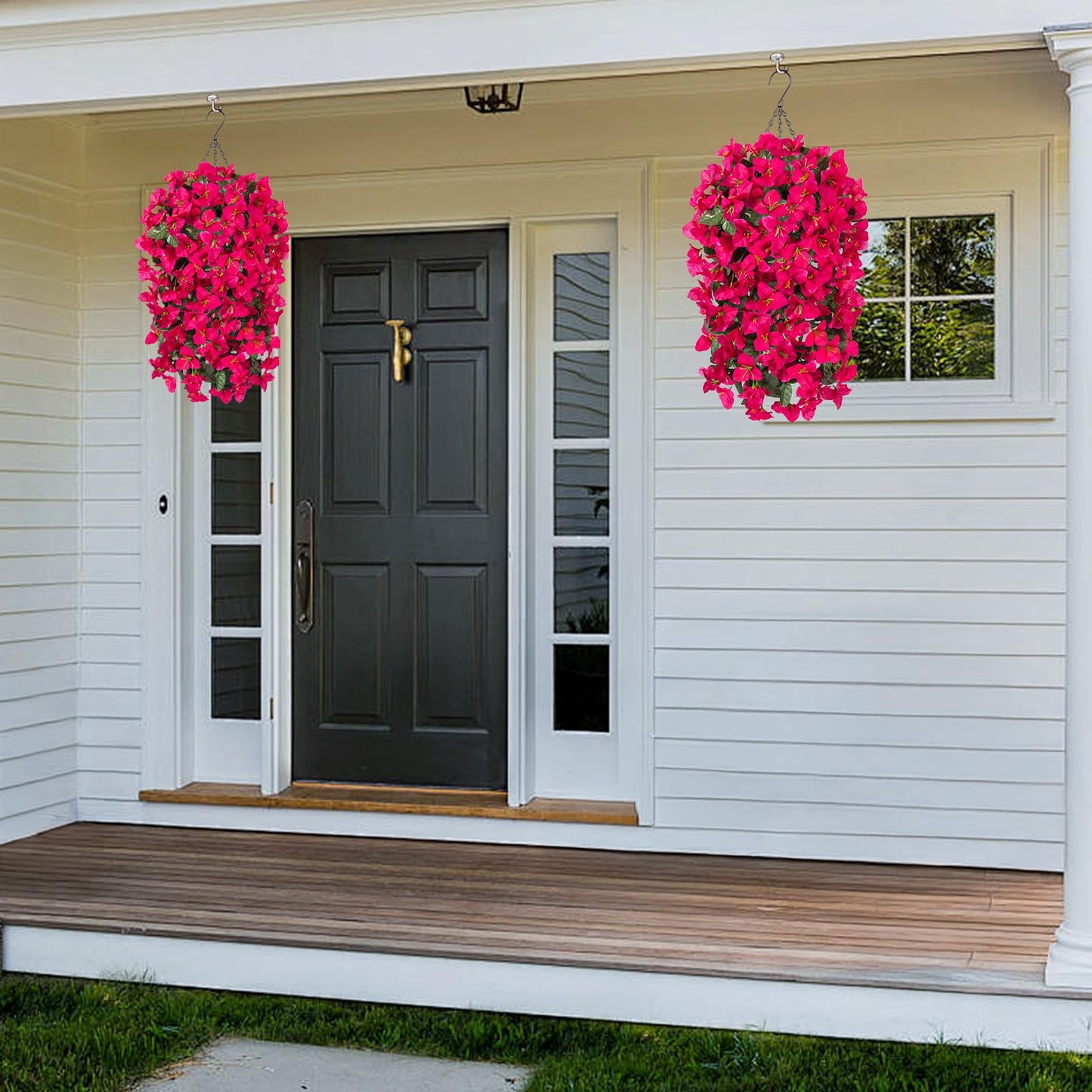 INXUGAO 2 pcs Artificial Faux Bougainvillea Flowers Plants for Outdoor Outside Summer Decoration, Fake Silk UV Resistant Long Trailing Vines for Front Door Porch Planter Balcony (Purple Rose Red)