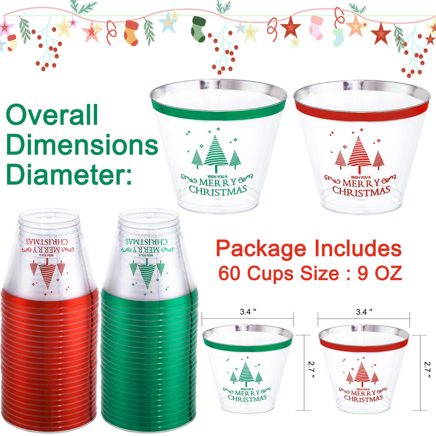 LUODA 60PCS 9 oz Christmas Party Cups, Merry Christmas Plastic Cup,Red and Green Edge Xmas Disposable Clear Cup for Party &Xmas Eve Decoration