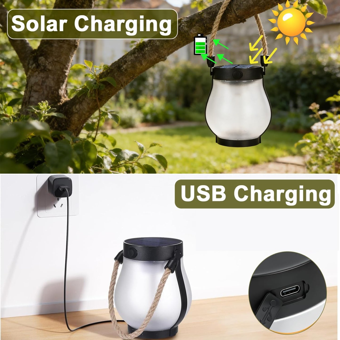 Yomistar Solar Lanterns Outdoor Waterproof 2 Pack Hanging Solar Lantern with Flickering Flame, Solar Flame Lantern with USB Charging, Decorative Lanterns Lights for Yard Porch Camping Patio