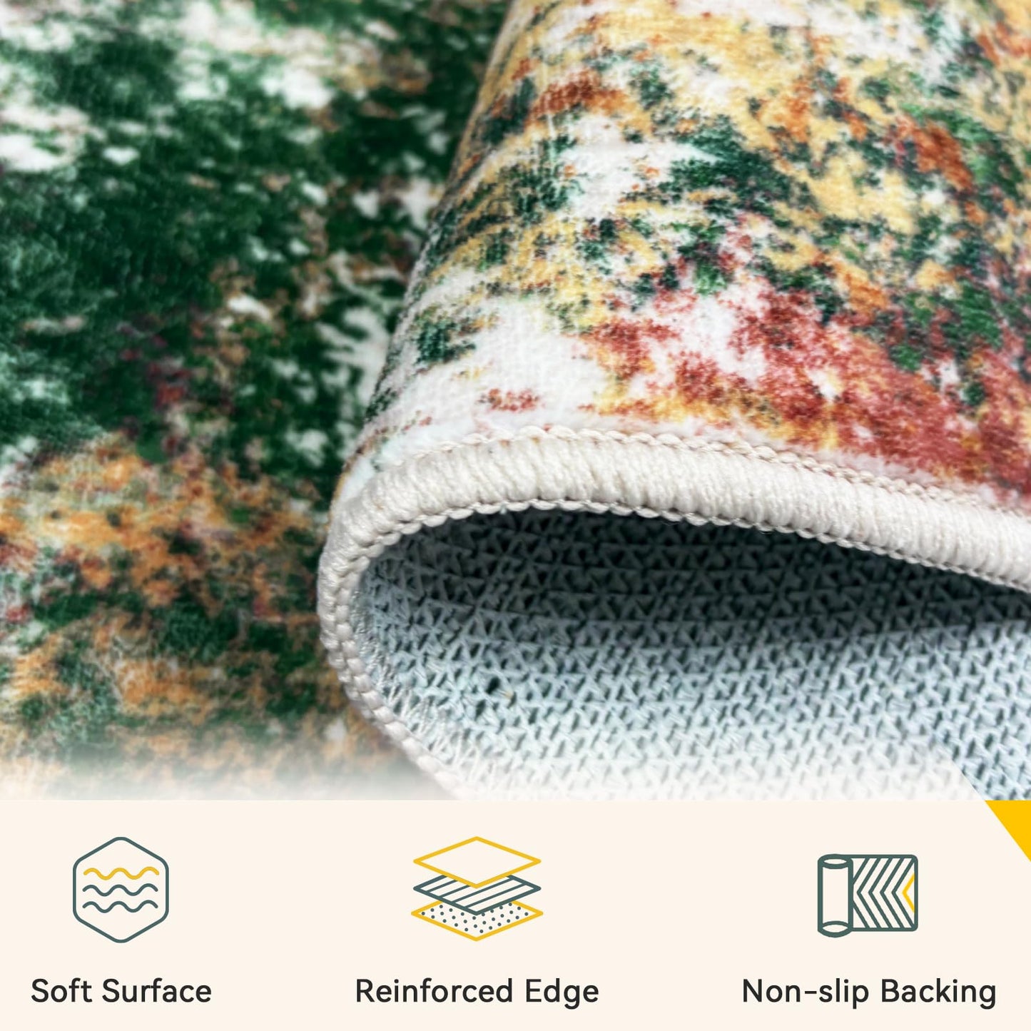 RELEANY Washable Area Rugs 5'x7' Non-Slip Modern Abstract Soft for Living Room Entryway Bedroom Nursery, Print Pattern, Green Orange Rust Red Cream Colorful
