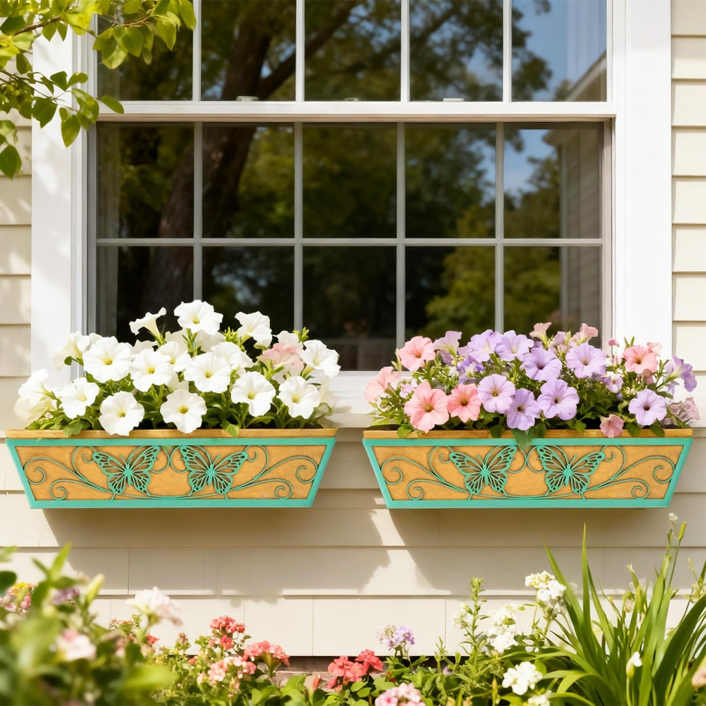 2 Pack 24 Inch Window Boxes Planter Railing Planters Box with Adjustable Brackets for Porch Deck Balcony Hanging Butterfly Decorative Flower Baskets & Non-Woven Fabric Liner for Outdoor Plants - Green