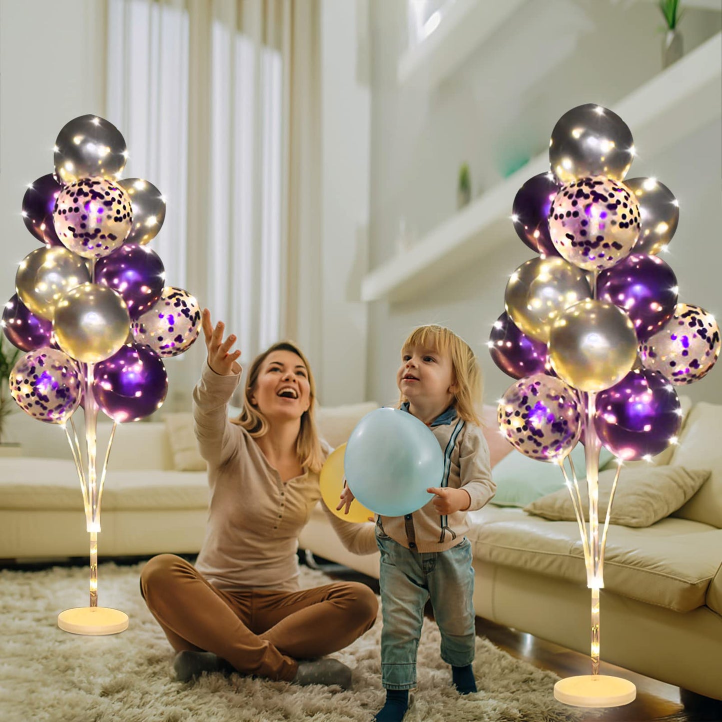 Cicicooie 2 Set Floor Balloon Stand Kit with String Light Balloon Holder Centerpieces Floor Decoration for Birthday Party Bachelorette Party (Purple&Silver)