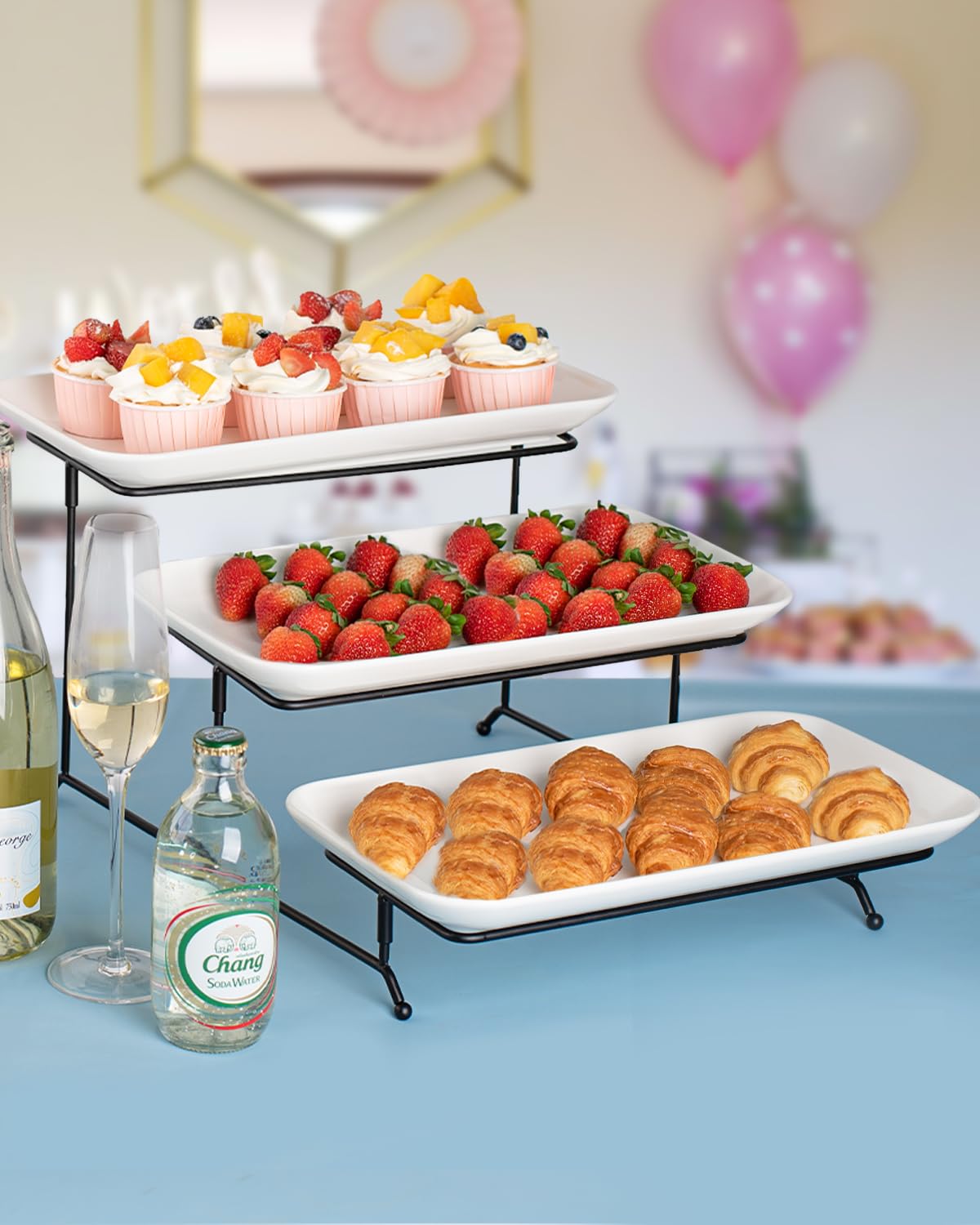 DELLING 3 Tier Serving Tray Set 16 Inch, Large Porcelain Tiered Platters with Collapsible Stand - Serving Dishes for Entertaining Dessert Table Party, Easy Assembly, White