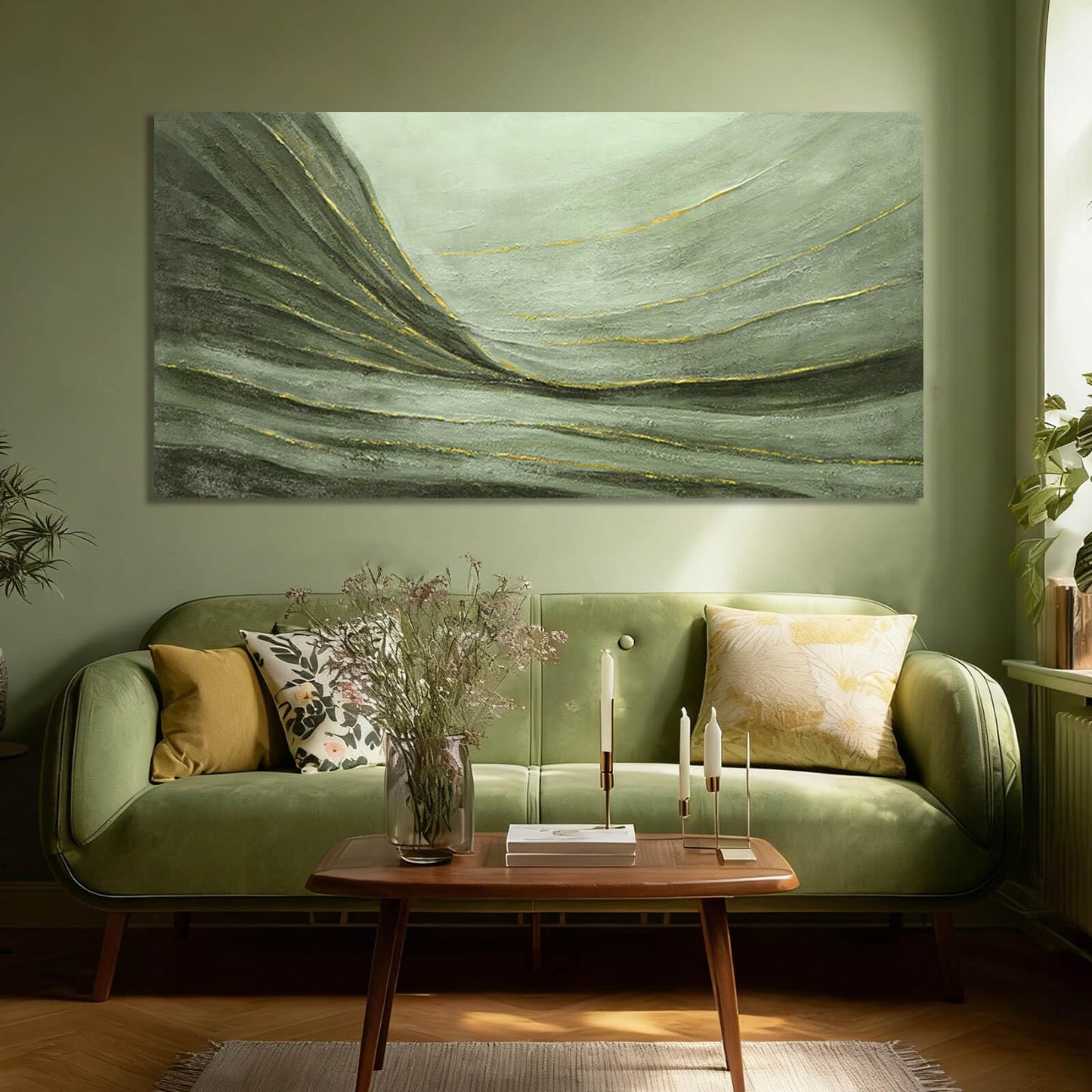 MLART99 Large Green and Gold Abstract Canvas Wall Art 24x48 Inch Modern Minimalist Painting for Living Room Bedroom Office Above Couch Wall Decoration Home Décor