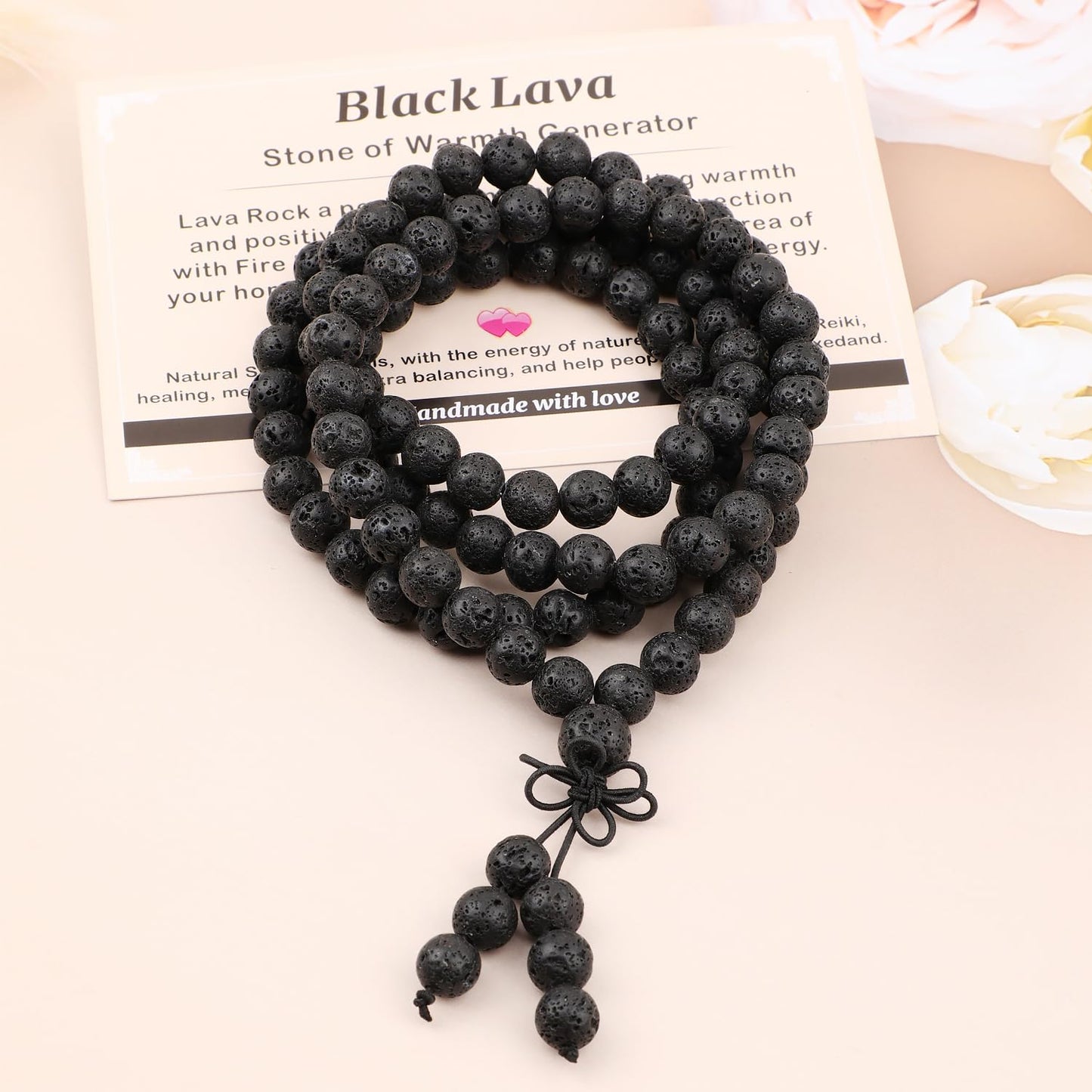 AD Beads 8mm 108 Prayer Mala Black Lava Elastic Bracelet - Warmth Generator - Handmade Yoga Meditation Healing Power Energy Gifts for Unisex Adult.