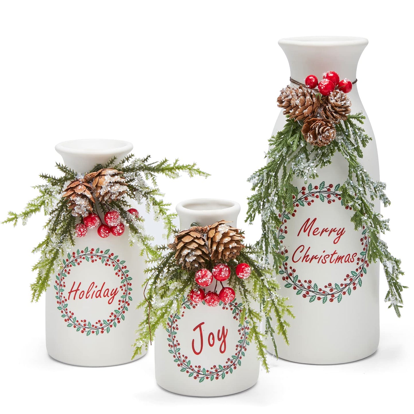 Wortour Artificial Christmas 3-Piece Set Flocked with Mixed Xmas Decorations Ceramic White Bottles