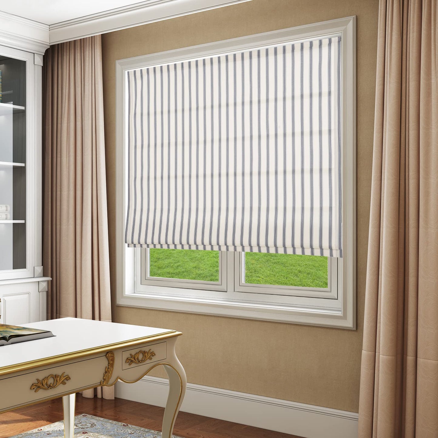 Artdix Roman Shades, Greyish Blue Stripe Blackout Cordless Fabric Custom Roman Shades for Windows, Doors, Farmhouse
