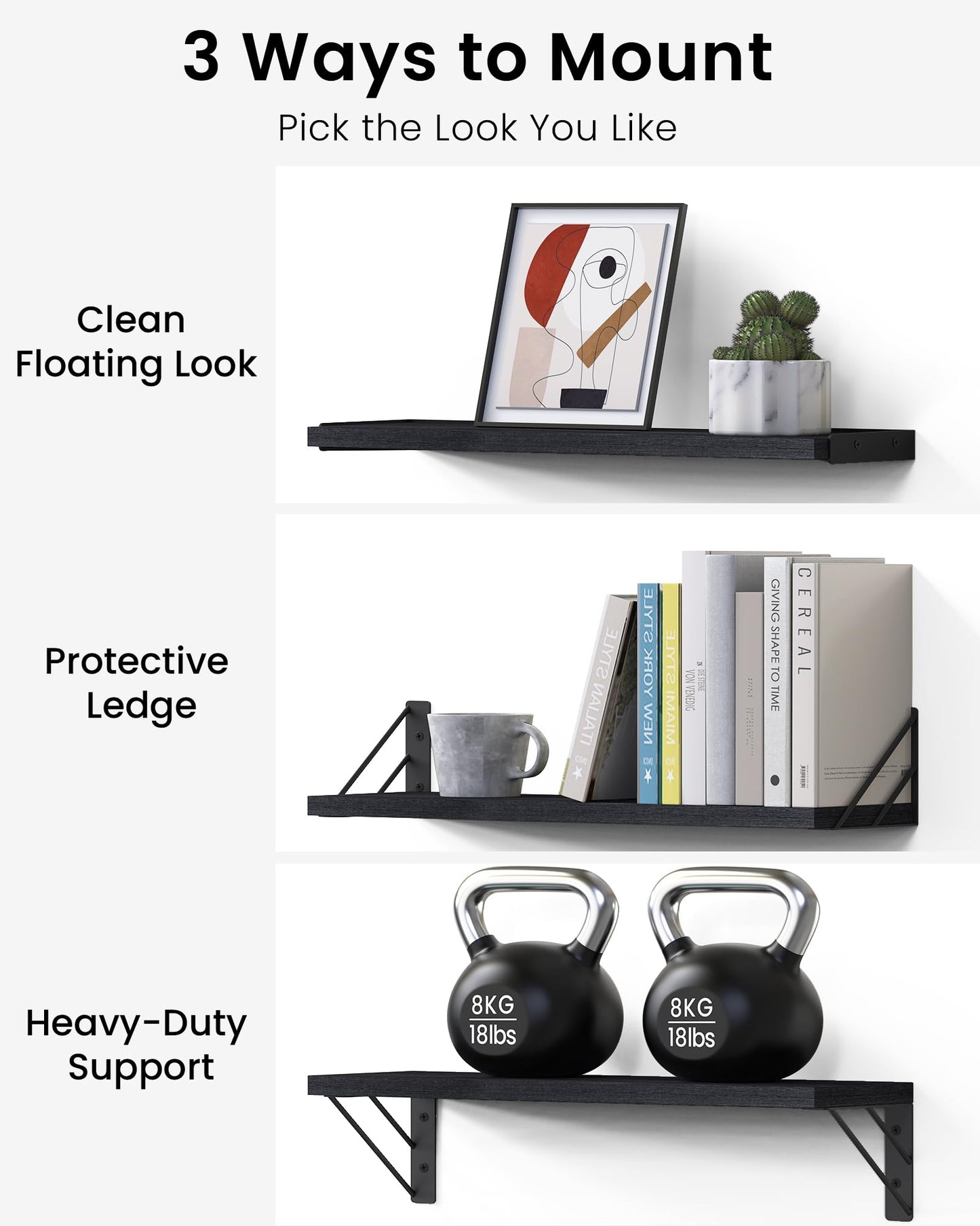 BAYKA Wall Mounted Floating Bathroom Shelves, Wood Wall Shelf for Books & Decor, Space-Saving Display & Organizer (Black, Set of 4)