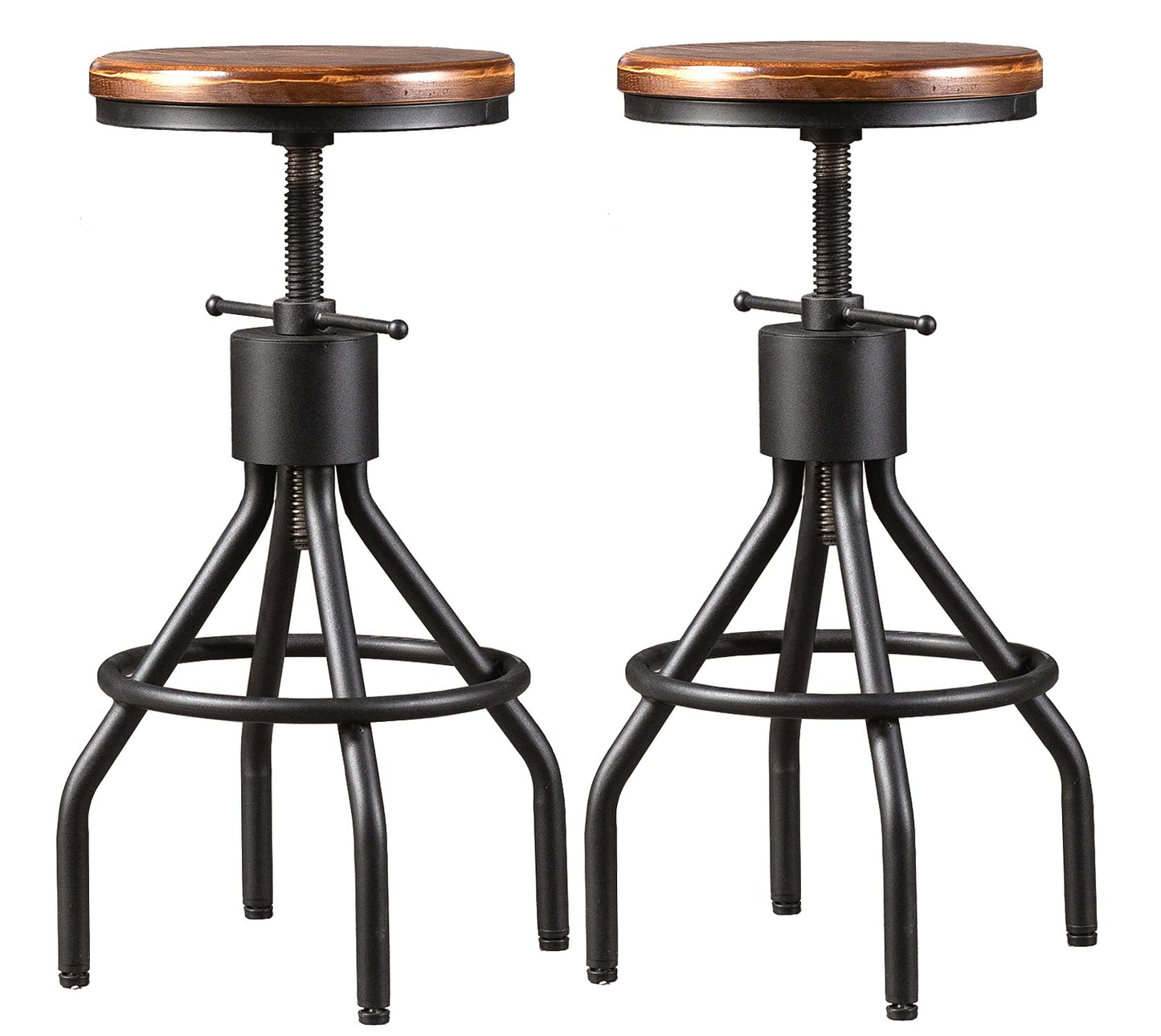 LOKKHAN Set of 2 Industrial Bar Stool-Height Adjustable Swivel Wood and Metal Bar Stool,Farmhouse Stool,Extra Tall Pub Height,23"-29"